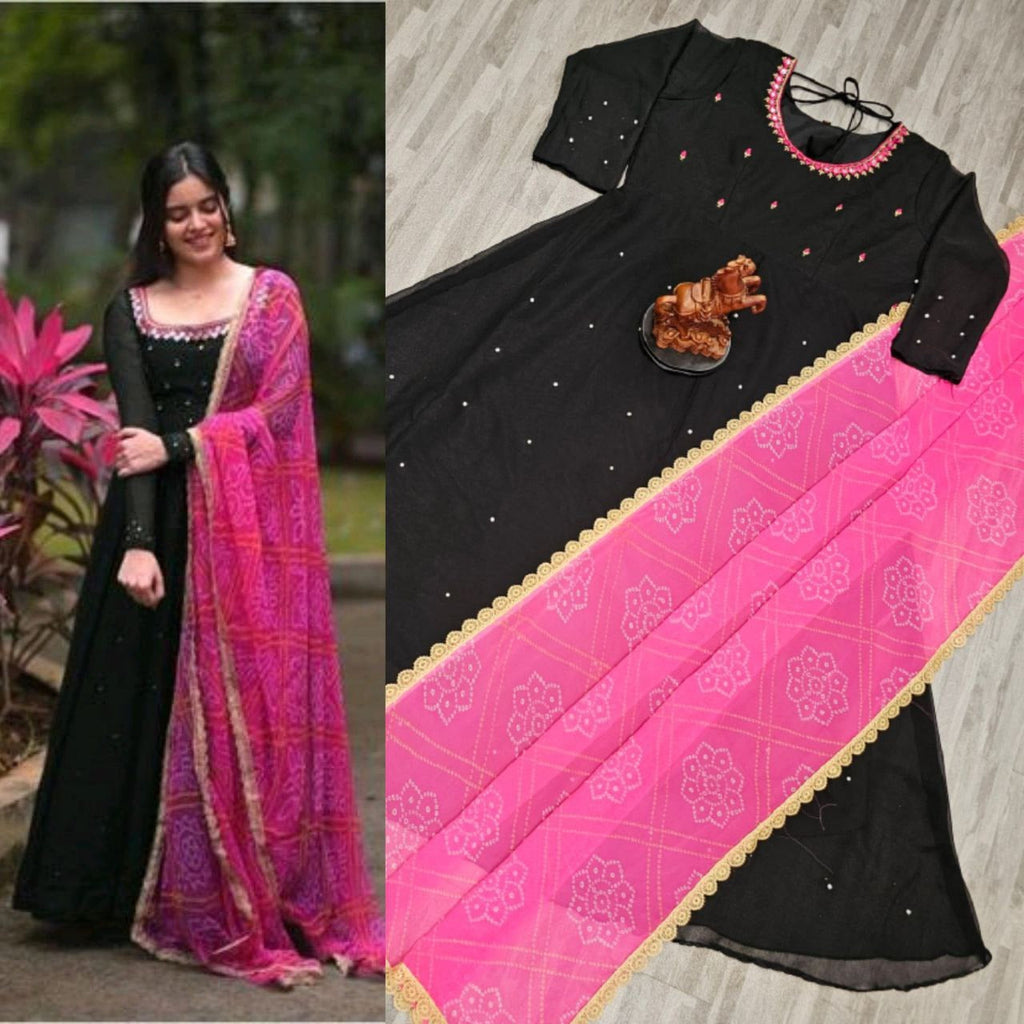 Women'S Solid Georgette Gown Kurta With Dupatta, Long Kurti Ethnic Dress Set For All Occasions 19198