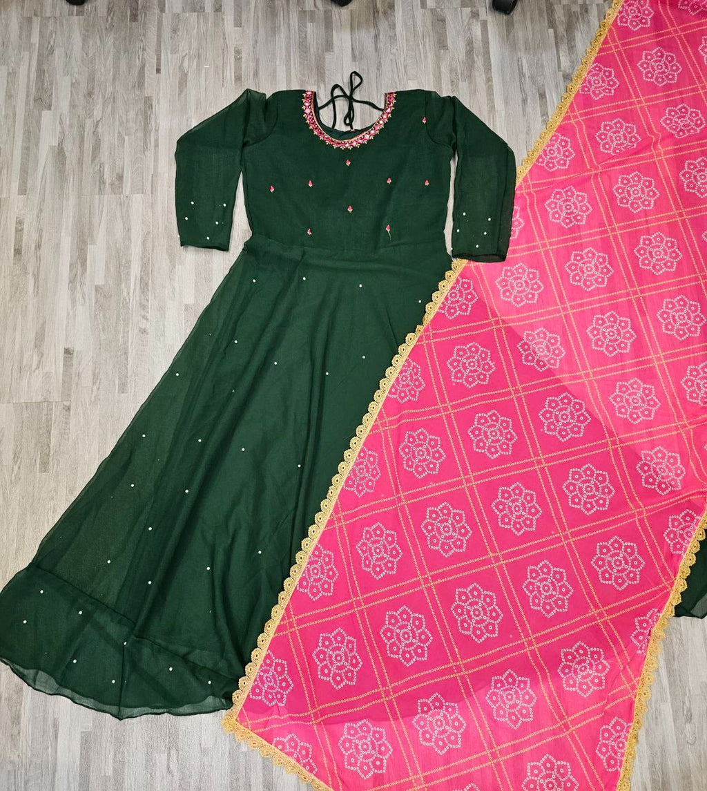 Women'S Solid Georgette Gown Kurta With Dupatta, Long Kurti Ethnic Dress Set For All Occasions 19198