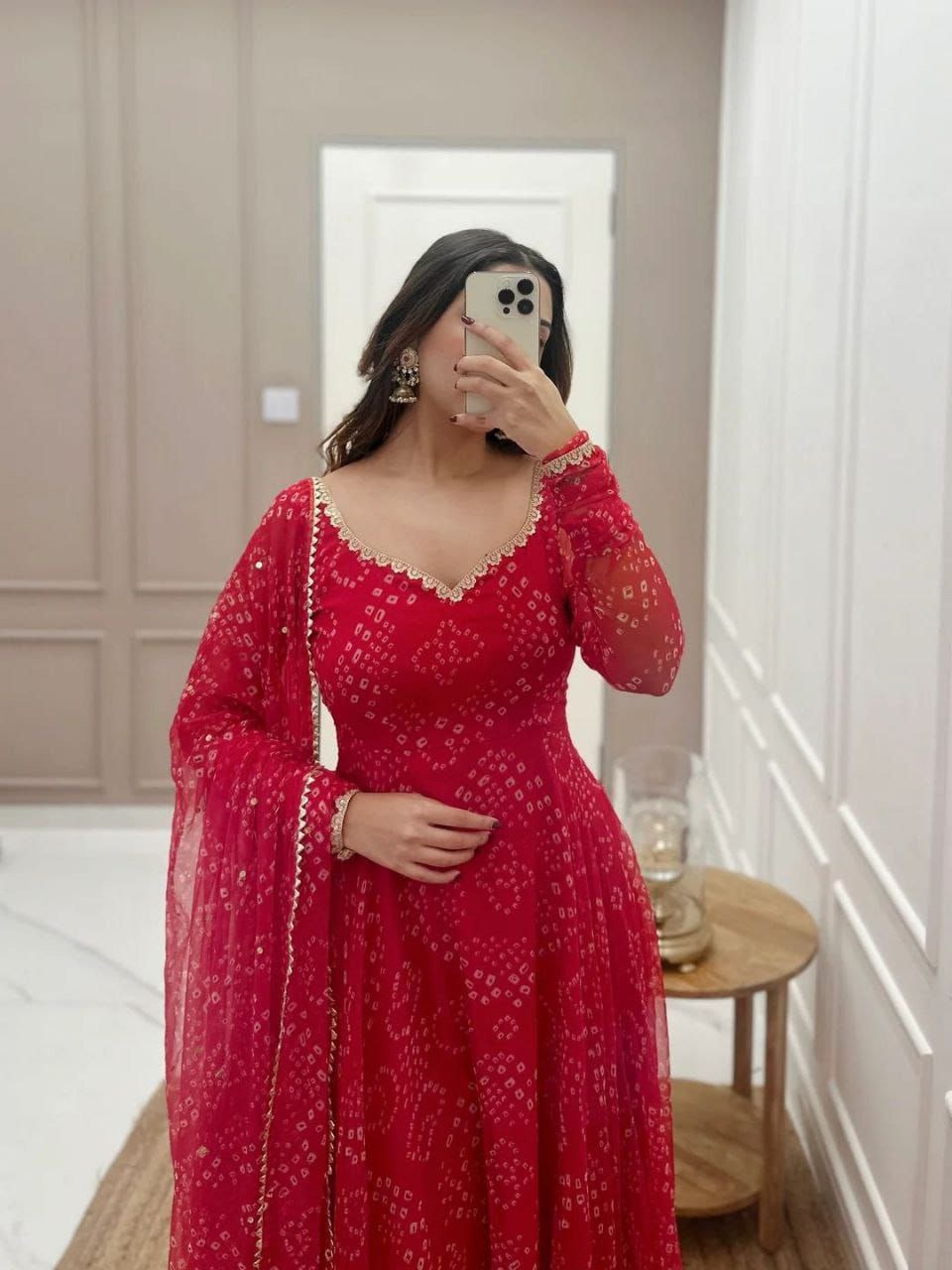 Women'S Red Bandhani Styles Gown 19198