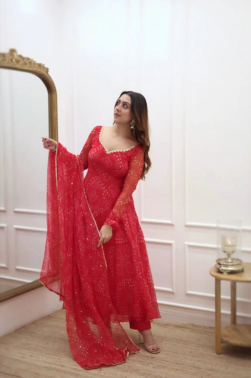 Women'S Red Bandhani Styles Gown 19198