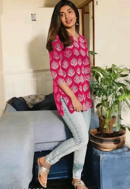 Women's Short Kurti in TOP Black Rayon Cotton Blend | Ladies Ethnic Tunic | Office