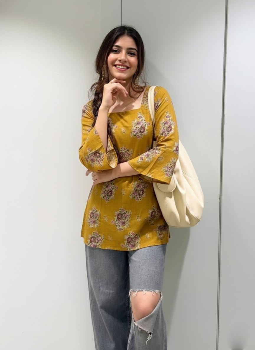 ANNI Designer Women’s Viscose Blend Printed Short Kurti | Straight Fit Casual Ethnic Top | Square Neck Full Sleeve Kurta Office College