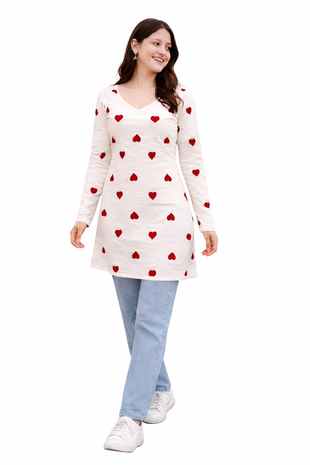Women Short Printed Kurti | Heart Print Full Sleeve Casual Kurta Tunic Top for Women
