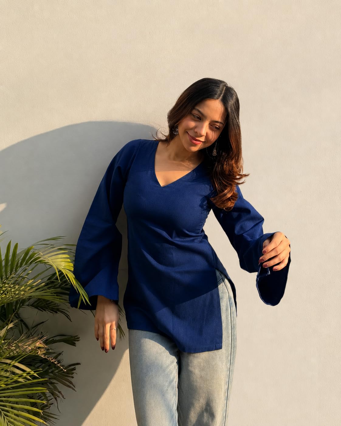 ANNI Designer Short Kurti for Women Latest Solid Design | V Neck Full Sleeve Kurti Tops for Women | Stylish Kurtis & Short Kurtis for Woman | Casual Kurti with Jeans | Kurtas for Woman