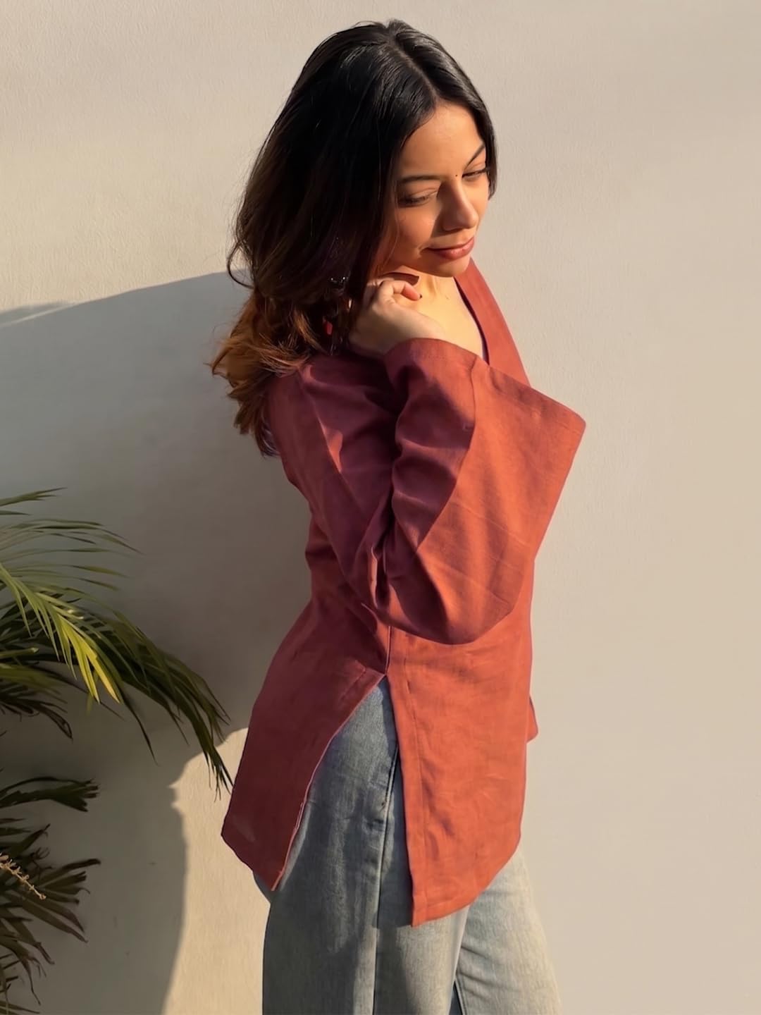 ANNI Designer Short Kurti for Women Latest Solid Design | V Neck Full Sleeve Kurti Tops for Women | Stylish Kurtis & Short Kurtis for Woman | Casual Kurti with Jeans | Kurtas for Woman
