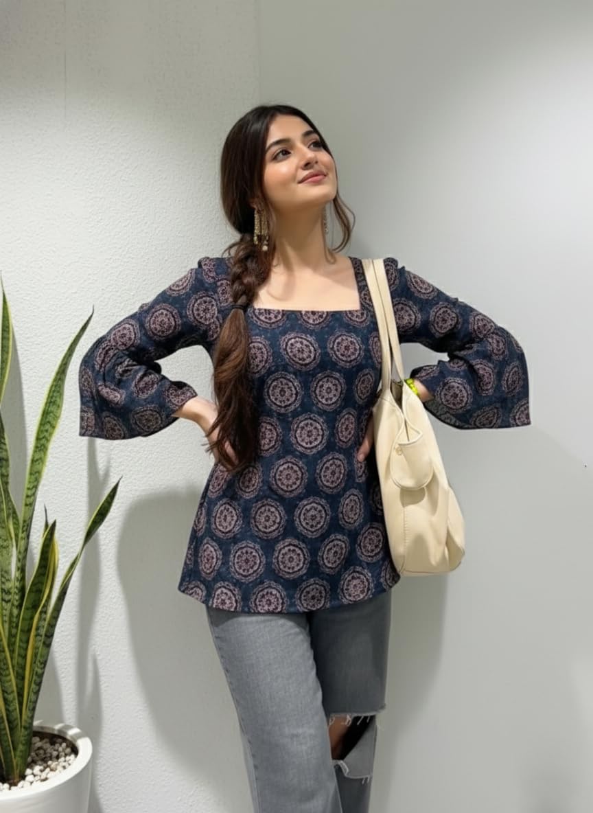 ANNI Designer Women’s Viscose Blend Printed Short Kurti | Straight Fit Casual Ethnic Top | Square Neck Full Sleeve Kurta Office College