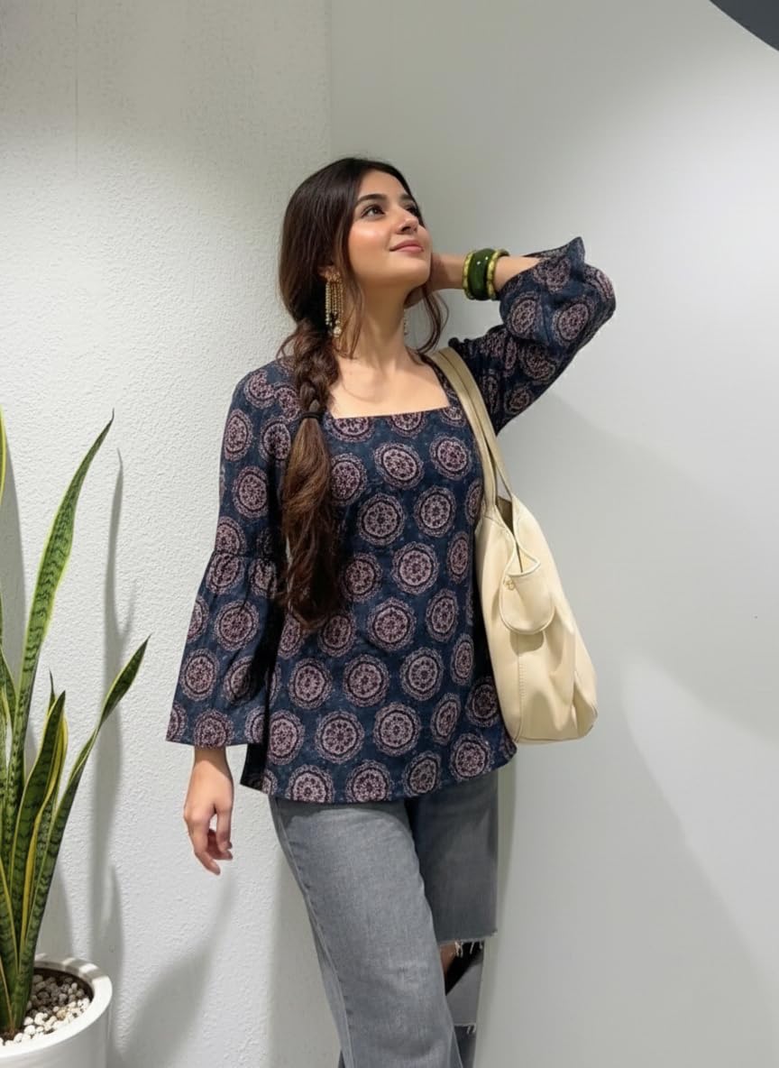 ANNI Designer Women’s Viscose Blend Printed Short Kurti | Straight Fit Casual Ethnic Top | Square Neck Full Sleeve Kurta Office College