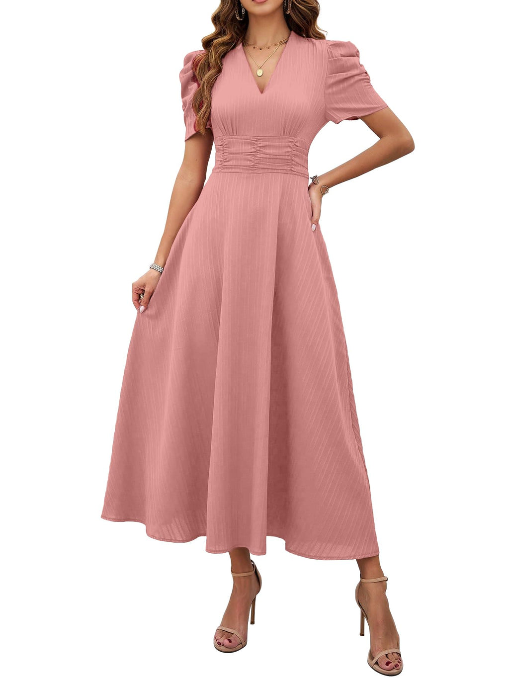 Shasmi Girl's & Women's Solid Color V-Neck A-Line Maxi Dress for Women | Waist Cinched Puff Sleeve Western | Elegant Casual Wear (Dress 246)