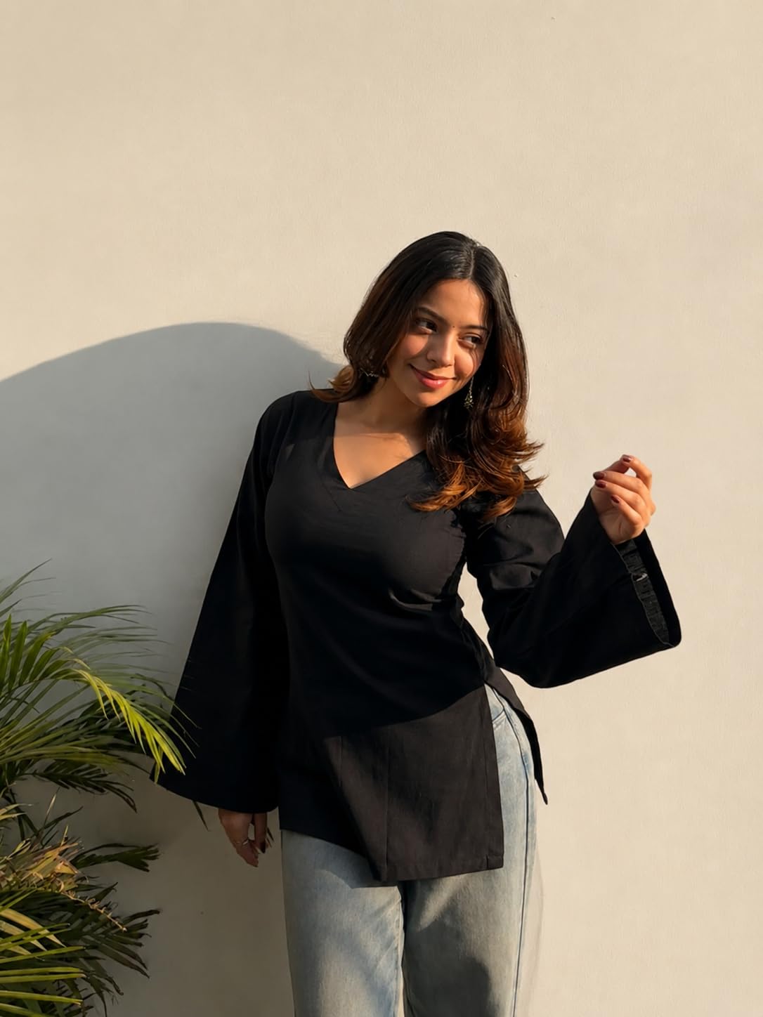 ANNI Designer Short Kurti for Women Latest Solid Design | V Neck Full Sleeve Kurti Tops for Women | Stylish Kurtis & Short Kurtis for Woman | Casual Kurti with Jeans | Kurtas for Woman