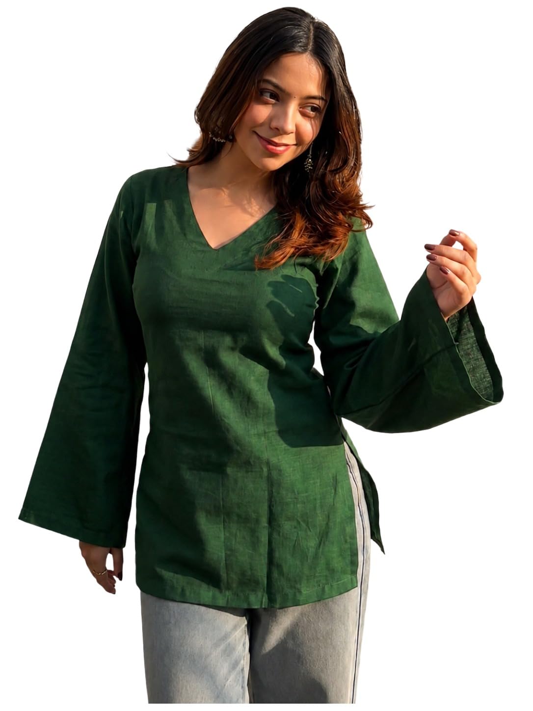 ANNI Designer Short Kurti for Women Latest Solid Design | V Neck Full Sleeve Kurti Tops for Women | Stylish Kurtis & Short Kurtis for Woman | Casual Kurti with Jeans | Kurtas for Woman