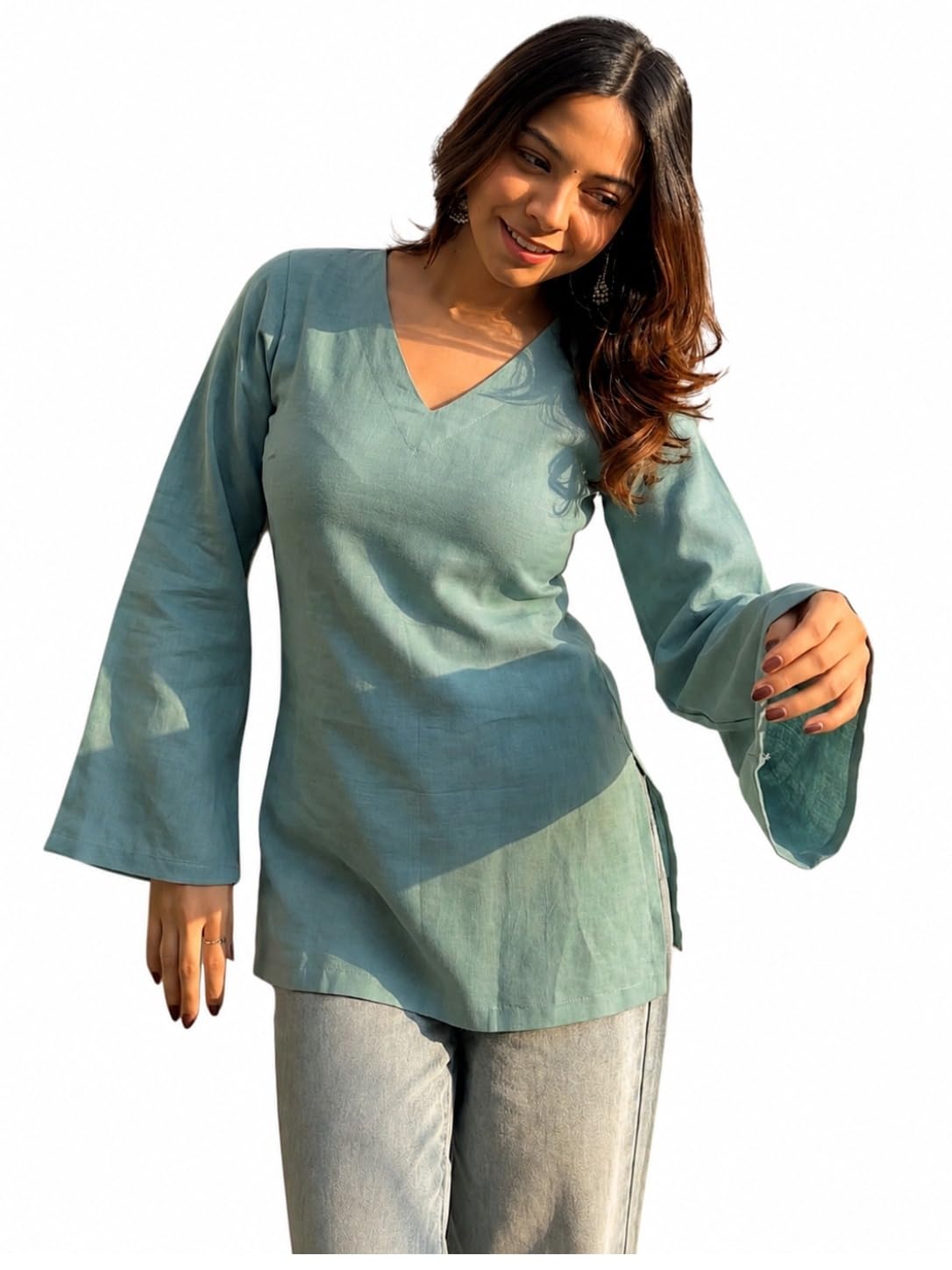 ANNI Designer Short Kurti for Women Latest Solid Design | V Neck Full Sleeve Kurti Tops for Women | Stylish Kurtis & Short Kurtis for Woman | Casual Kurti with Jeans | Kurtas for Woman