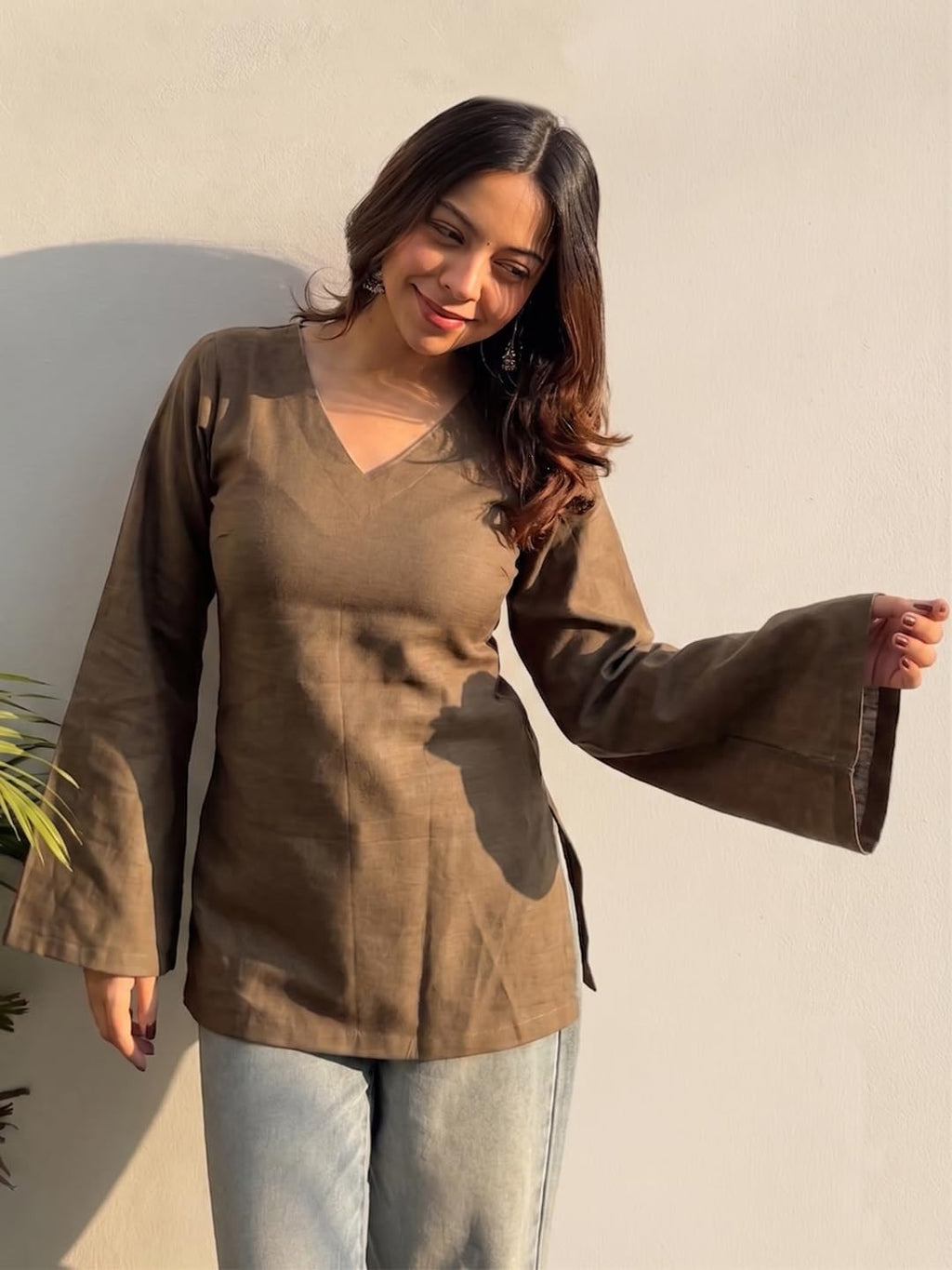 ANNI Designer Short Kurti for Women Latest Solid Design | V Neck Full Sleeve Kurti Tops for Women | Stylish Kurtis & Short Kurtis for Woman | Casual Kurti with Jeans | Kurtas for Woman