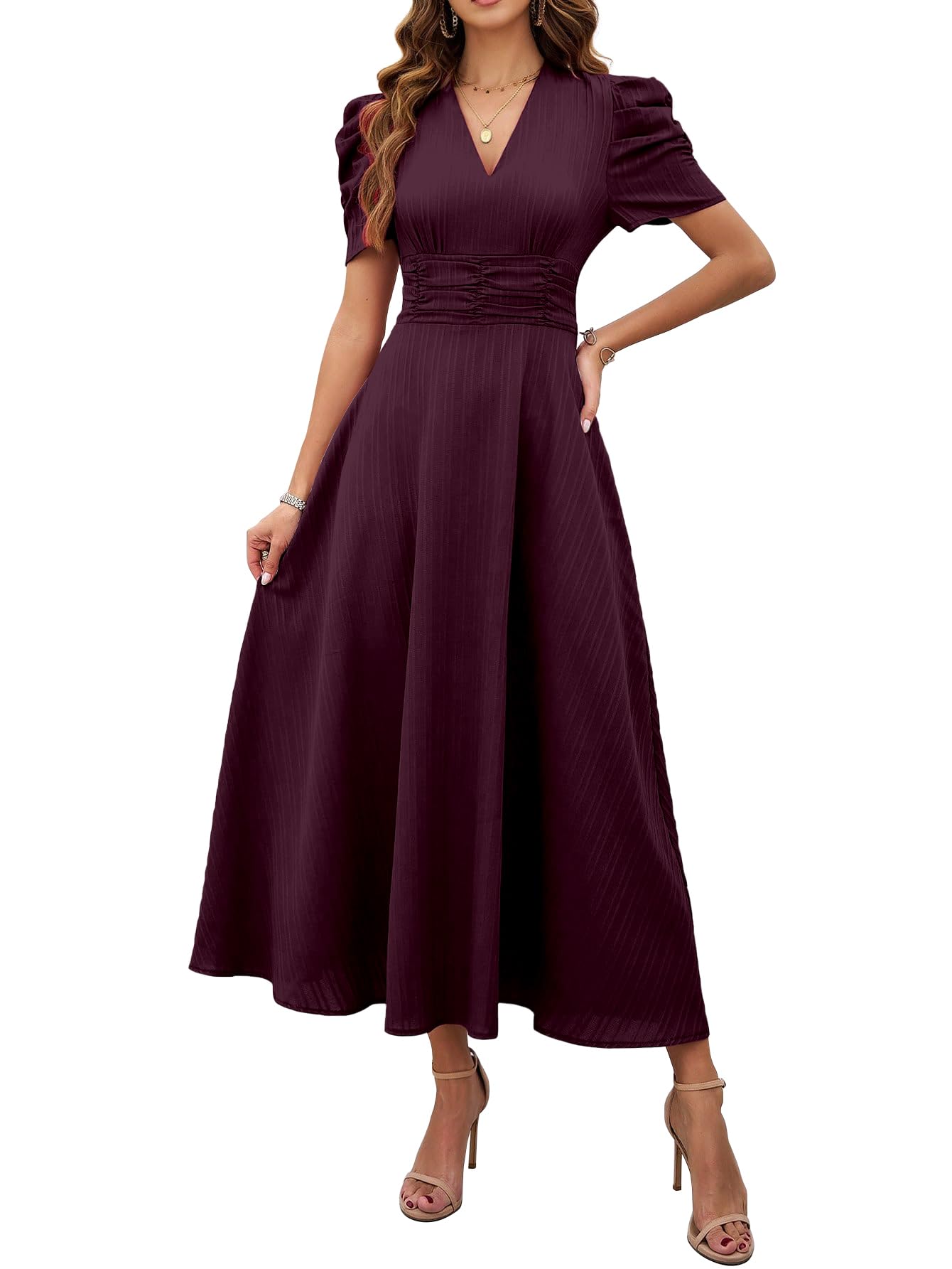 Shasmi Girl's & Women's Solid Color V-Neck A-Line Maxi Dress for Women | Waist Cinched Puff Sleeve Western | Elegant Casual Wear (Dress 246)