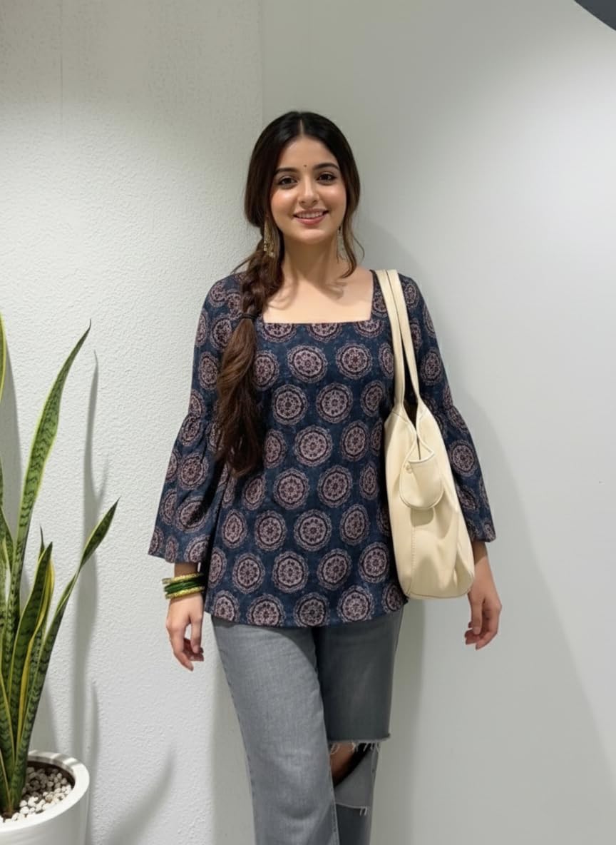 ANNI Designer Women’s Viscose Blend Printed Short Kurti | Straight Fit Casual Ethnic Top | Square Neck Full Sleeve Kurta Office College