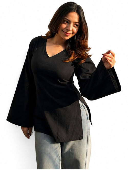 ANNI Designer Short Kurti for Women Latest Solid Design | V Neck Full Sleeve Kurti Tops for Women | Stylish Kurtis & Short Kurtis for Woman | Casual Kurti with Jeans | Kurtas for Woman