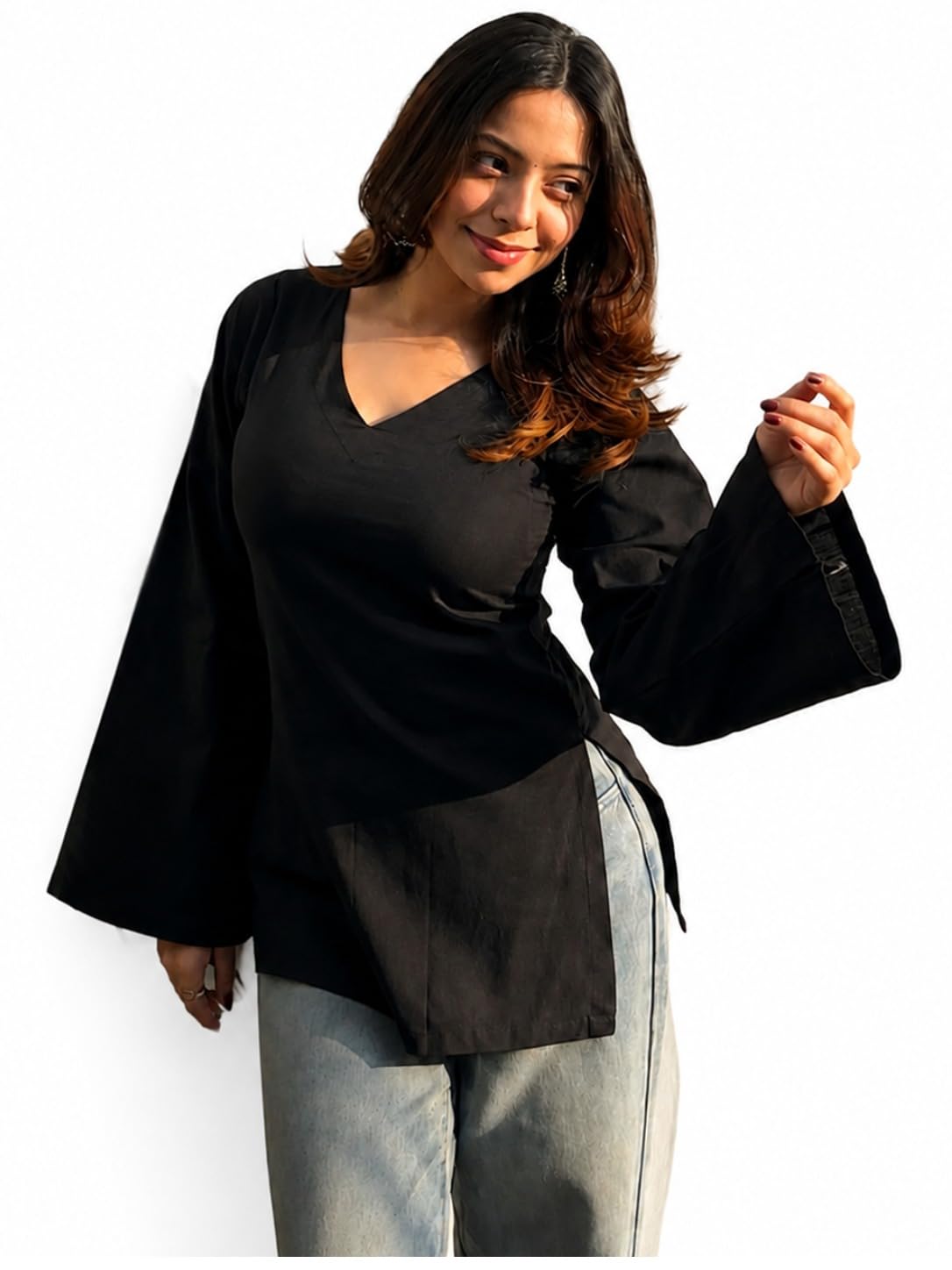 ANNI Designer Short Kurti for Women Latest Solid Design | V Neck Full Sleeve Kurti Tops for Women | Stylish Kurtis & Short Kurtis for Woman | Casual Kurti with Jeans | Kurtas for Woman
