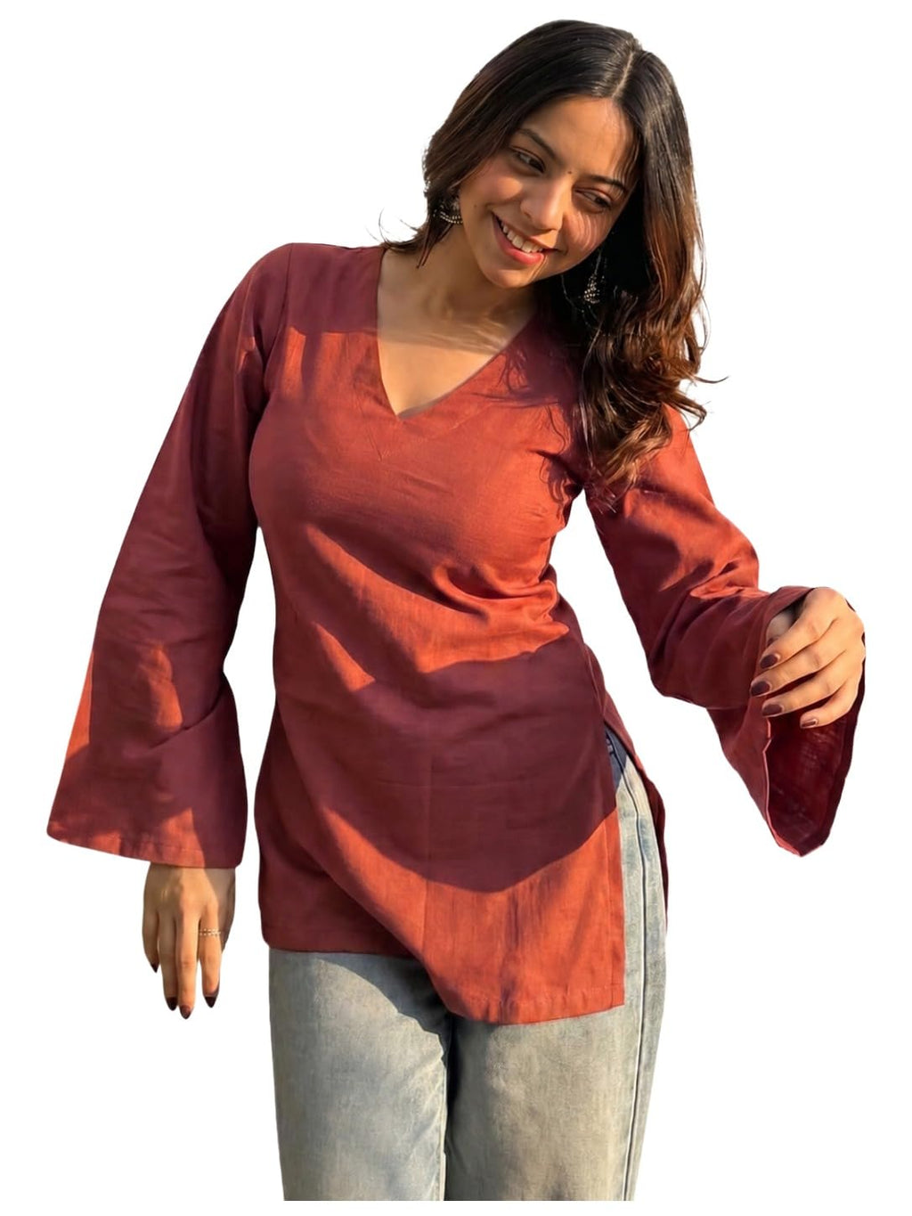 ANNI Designer Short Kurti for Women Latest Solid Design | V Neck Full Sleeve Kurti Tops for Women | Stylish Kurtis & Short Kurtis for Woman | Casual Kurti with Jeans | Kurtas for Woman