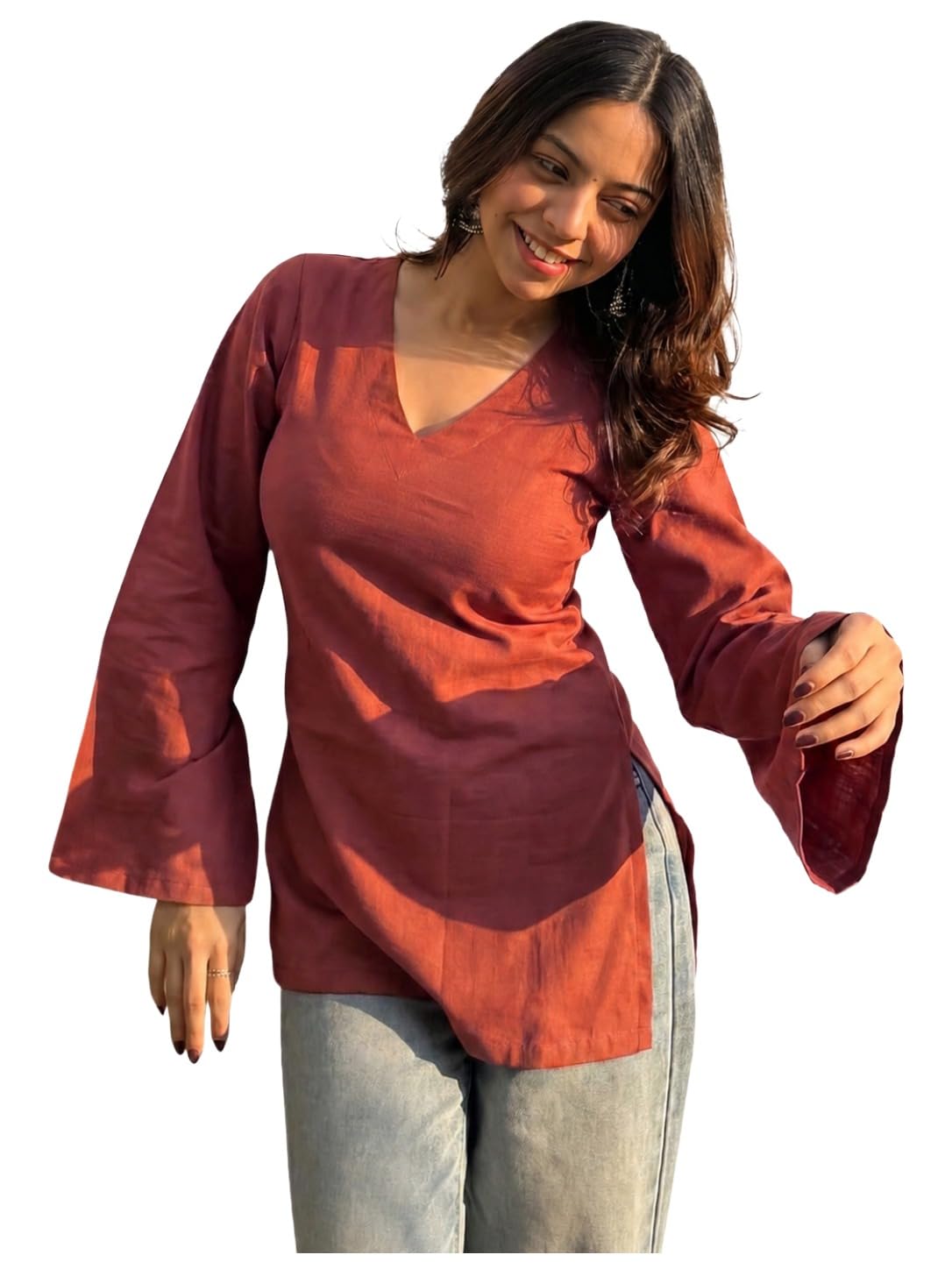 ANNI Designer Short Kurti for Women Latest Solid Design | V Neck Full Sleeve Kurti Tops for Women | Stylish Kurtis & Short Kurtis for Woman | Casual Kurti with Jeans | Kurtas for Woman