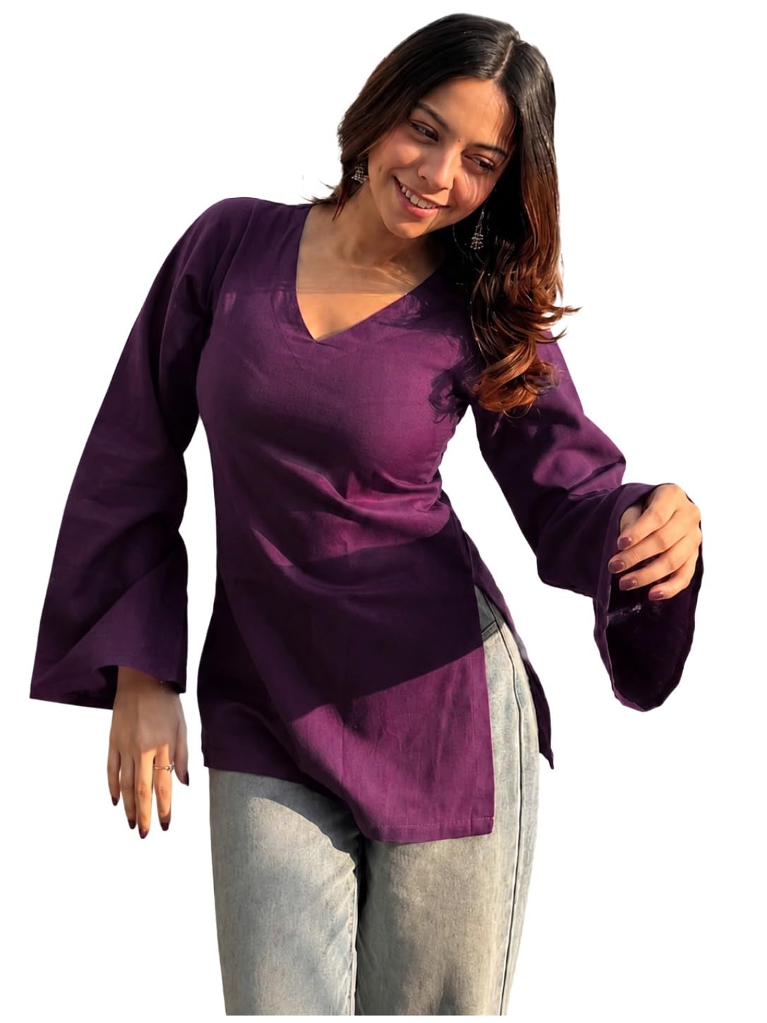 ANNI Designer Short Kurti for Women Latest Solid Design | V Neck Full Sleeve Kurti Tops for Women | Stylish Kurtis & Short Kurtis for Woman | Casual Kurti with Jeans | Kurtas for Woman