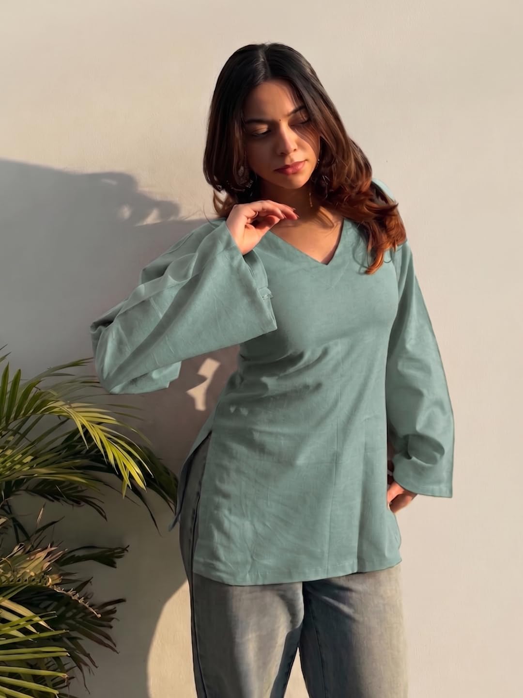 ANNI Designer Short Kurti for Women Latest Solid Design | V Neck Full Sleeve Kurti Tops for Women | Stylish Kurtis & Short Kurtis for Woman | Casual Kurti with Jeans | Kurtas for Woman