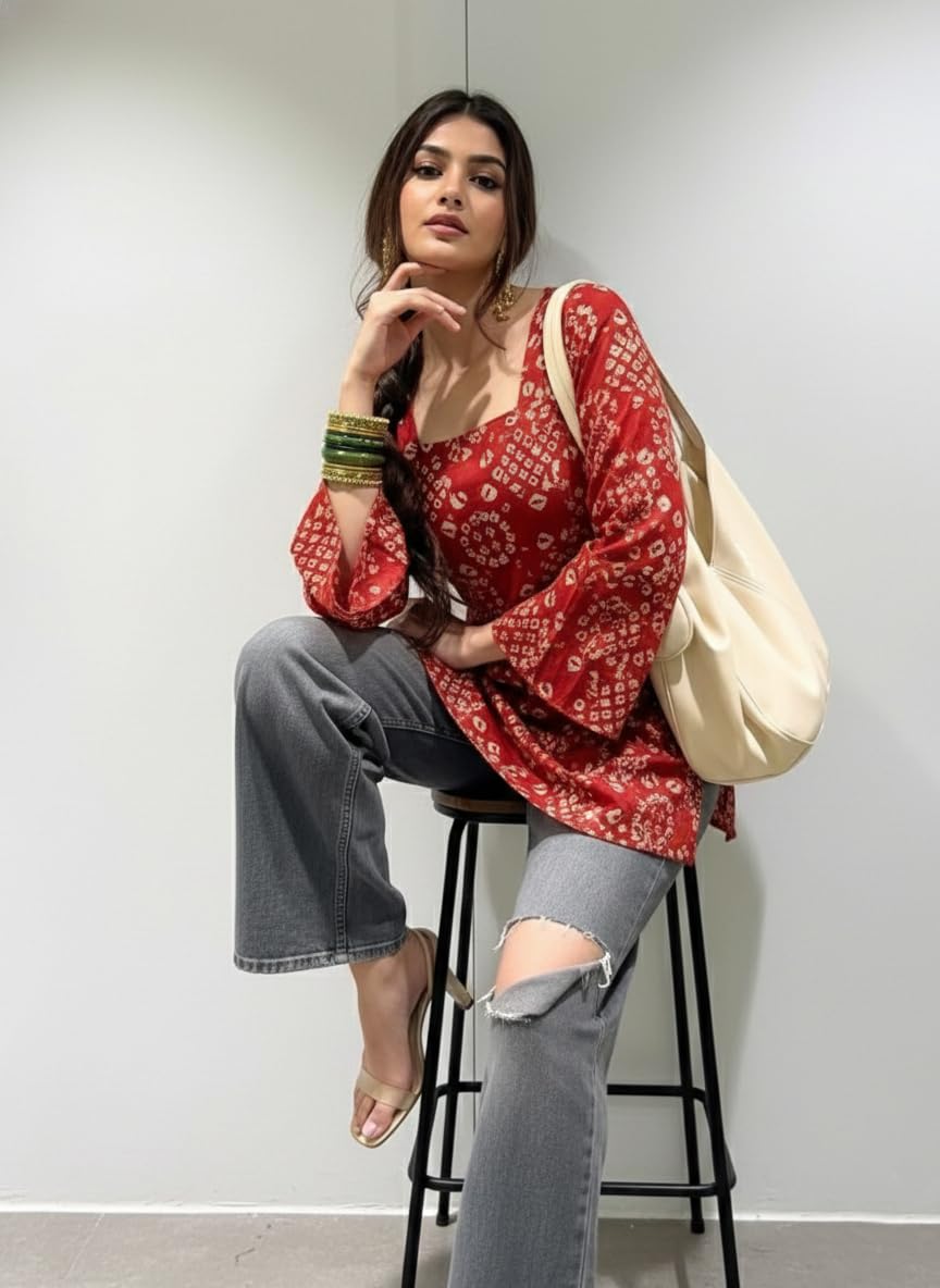 ANNI Designer Women’s Viscose Blend Printed Short Kurti | Straight Fit Casual Ethnic Top | Square Neck Full Sleeve Kurta Office College