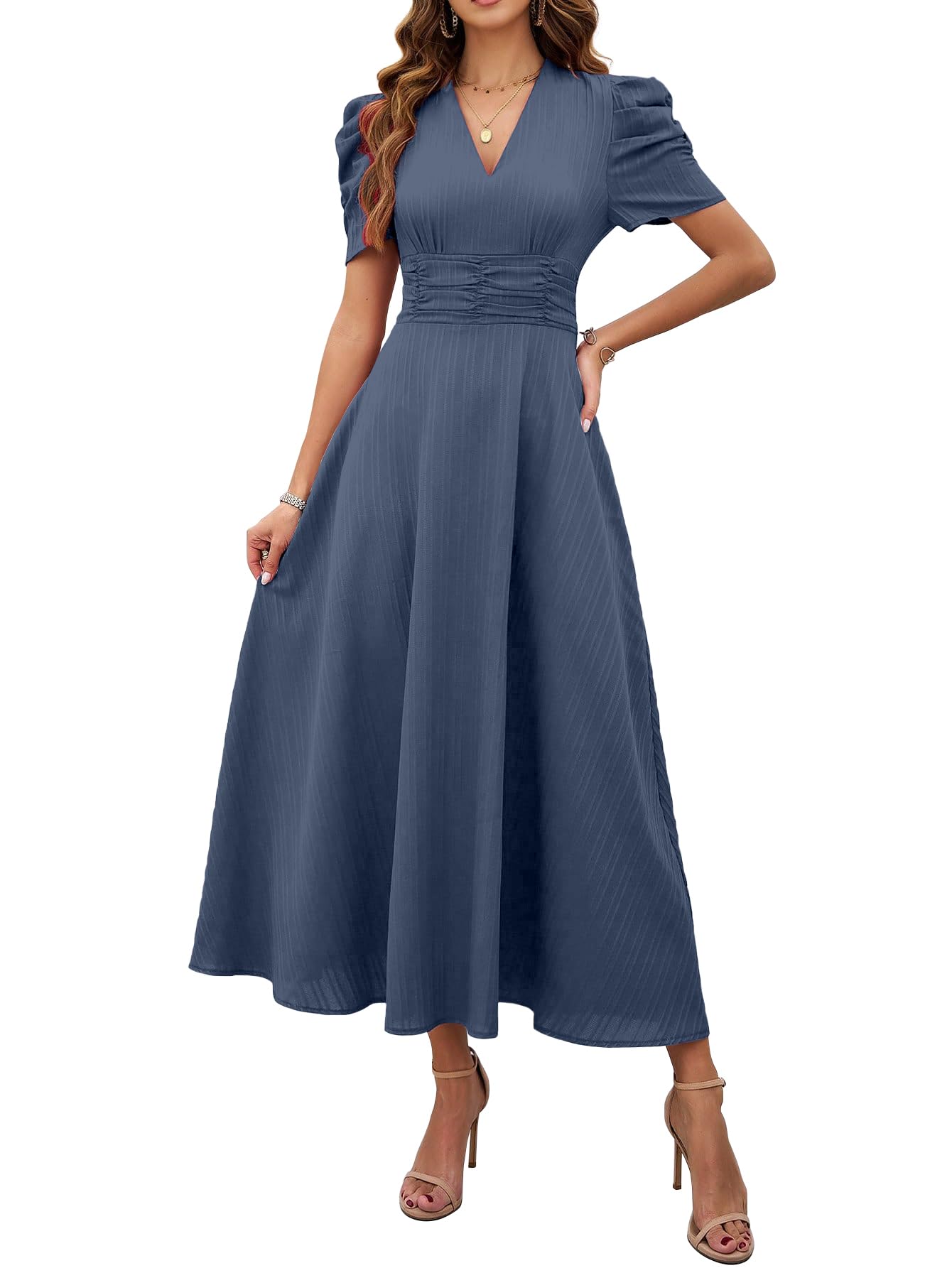 Shasmi Girl's & Women's Solid Color V-Neck A-Line Maxi Dress for Women | Waist Cinched Puff Sleeve Western | Elegant Casual Wear (Dress 246)
