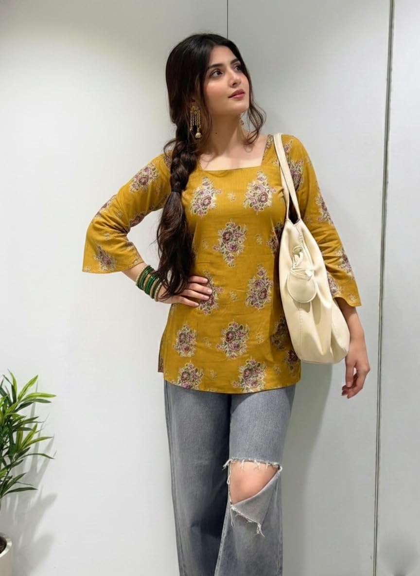 ANNI Designer Women’s Viscose Blend Printed Short Kurti | Straight Fit Casual Ethnic Top | Square Neck Full Sleeve Kurta Office College