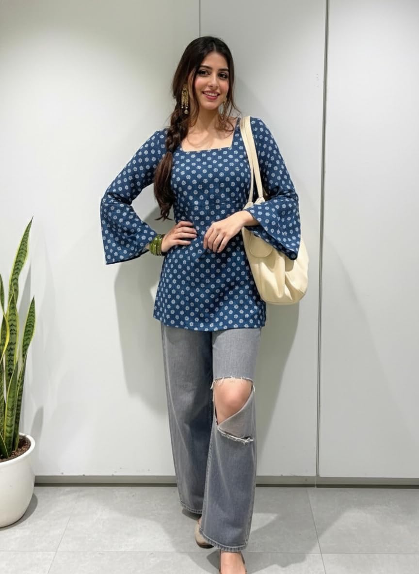 ANNI Designer Women’s Viscose Blend Printed Short Kurti | Straight Fit Casual Ethnic Top | Square Neck Full Sleeve Kurta Office College