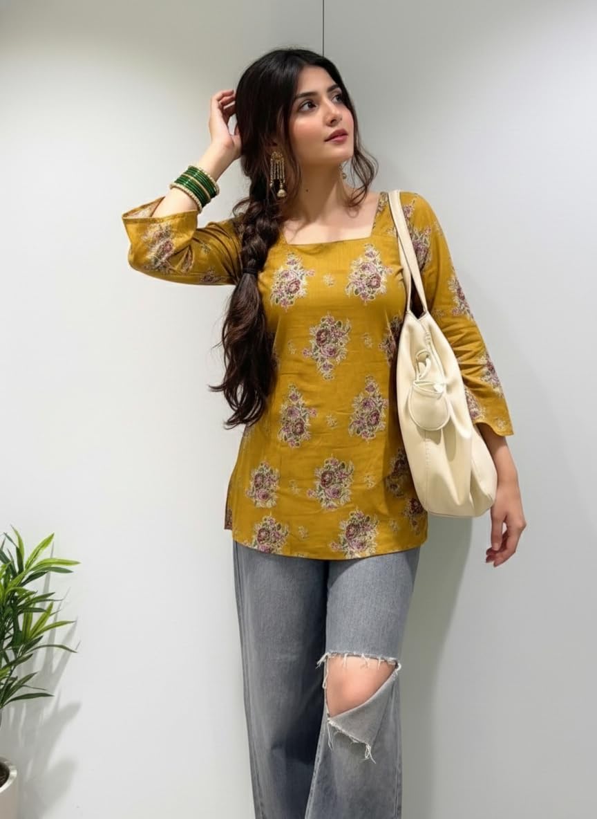 ANNI Designer Women’s Viscose Blend Printed Short Kurti | Straight Fit Casual Ethnic Top | Square Neck Full Sleeve Kurta Office College