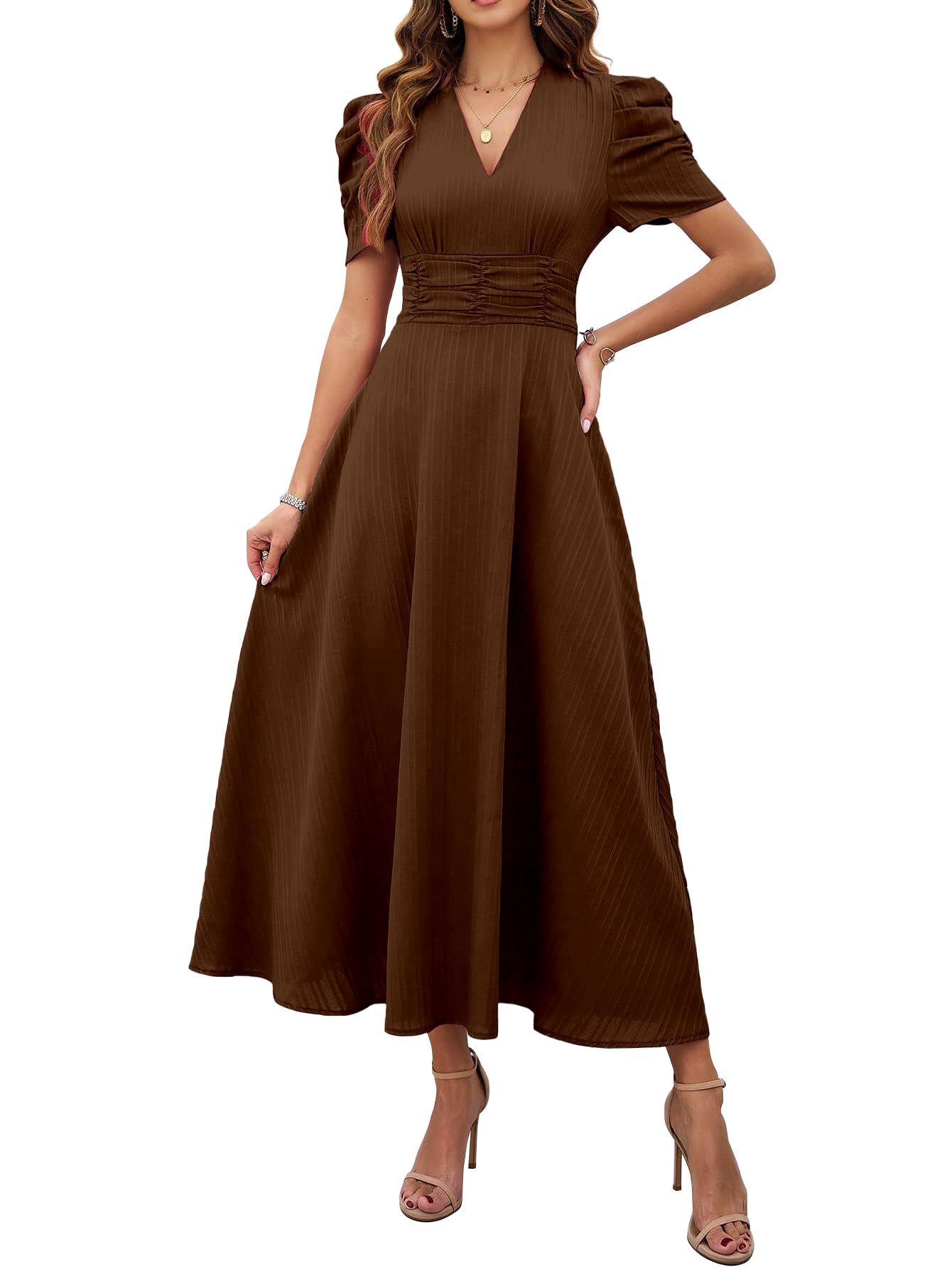 Shasmi Girl's & Women's Solid Color V-Neck A-Line Maxi Dress for Women | Waist Cinched Puff Sleeve Western | Elegant Casual Wear (Dress 246)