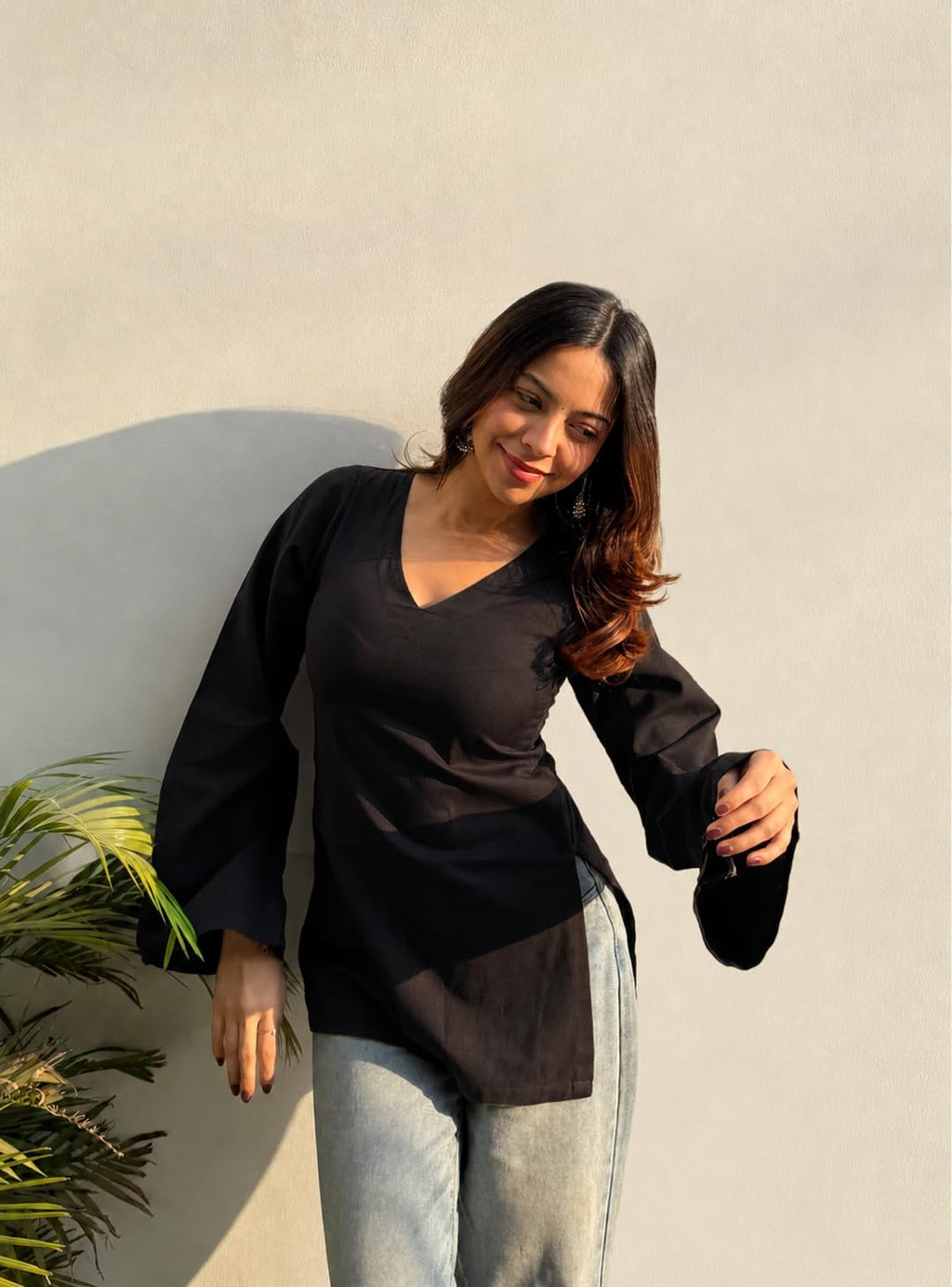 ANNI Designer Short Kurti for Women Latest Solid Design | V Neck Full Sleeve Kurti Tops for Women | Stylish Kurtis & Short Kurtis for Woman | Casual Kurti with Jeans | Kurtas for Woman