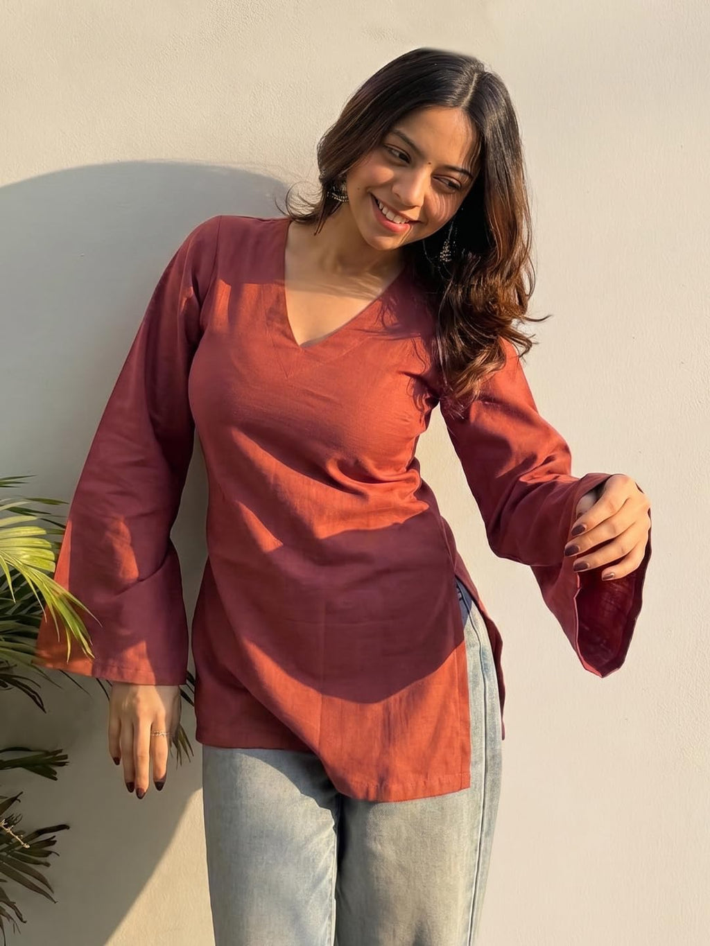ANNI Designer Short Kurti for Women Latest Solid Design | V Neck Full Sleeve Kurti Tops for Women | Stylish Kurtis & Short Kurtis for Woman | Casual Kurti with Jeans | Kurtas for Woman