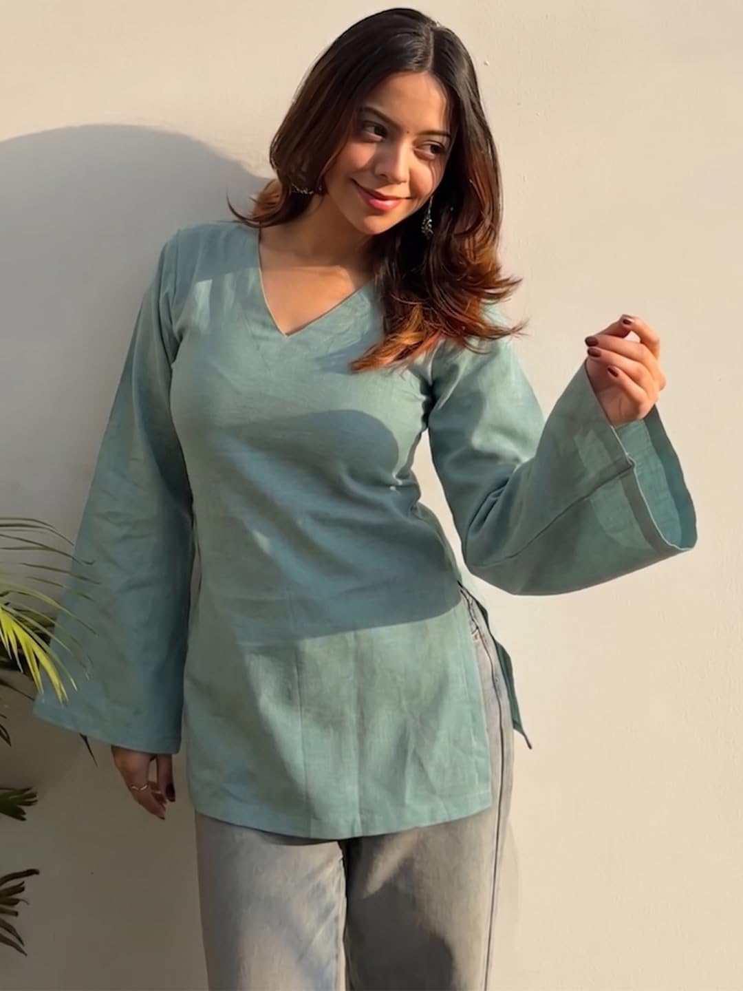 ANNI Designer Short Kurti for Women Latest Solid Design | V Neck Full Sleeve Kurti Tops for Women | Stylish Kurtis & Short Kurtis for Woman | Casual Kurti with Jeans | Kurtas for Woman