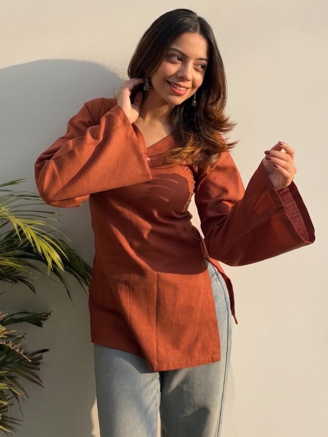 ANNI Designer Short Kurti for Women Latest Solid Design | V Neck Full Sleeve Kurti Tops for Women | Stylish Kurtis & Short Kurtis for Woman | Casual Kurti with Jeans | Kurtas for Woman
