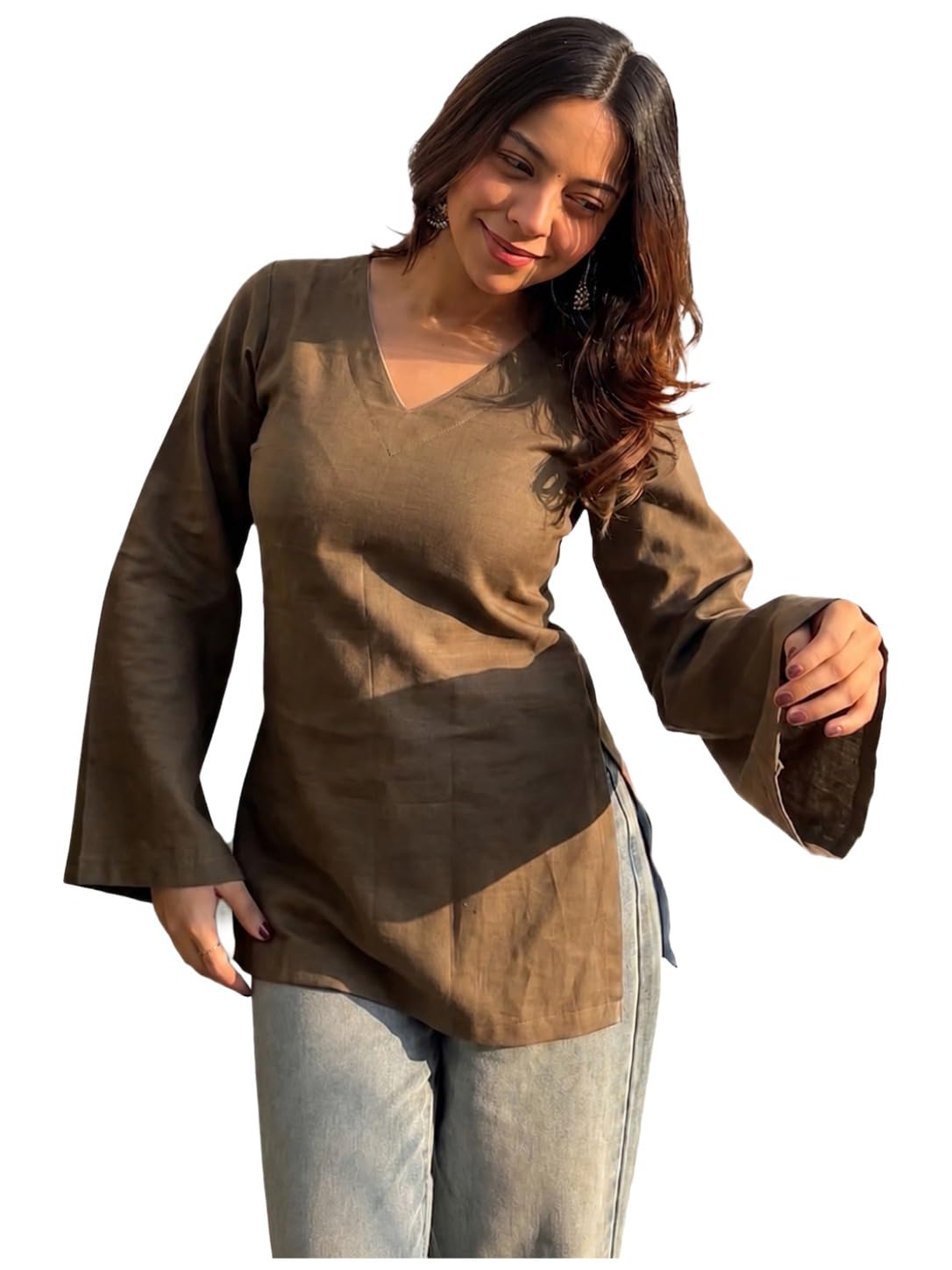 ANNI Designer Short Kurti for Women Latest Solid Design | V Neck Full Sleeve Kurti Tops for Women | Stylish Kurtis & Short Kurtis for Woman | Casual Kurti with Jeans | Kurtas for Woman