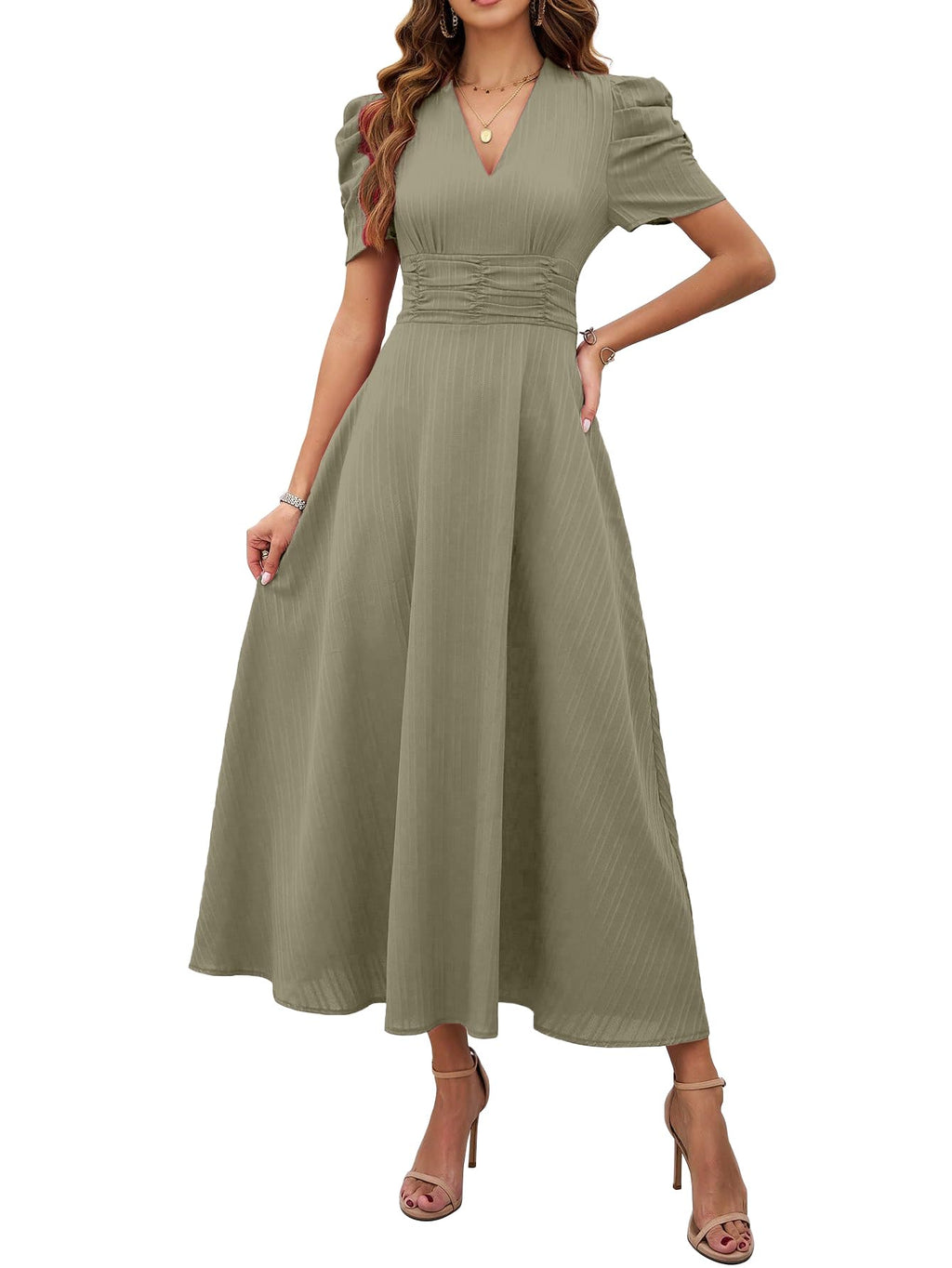 Shasmi Girl's & Women's Solid Color V-Neck A-Line Maxi Dress for Women | Waist Cinched Puff Sleeve Western | Elegant Casual Wear (Dress 246)