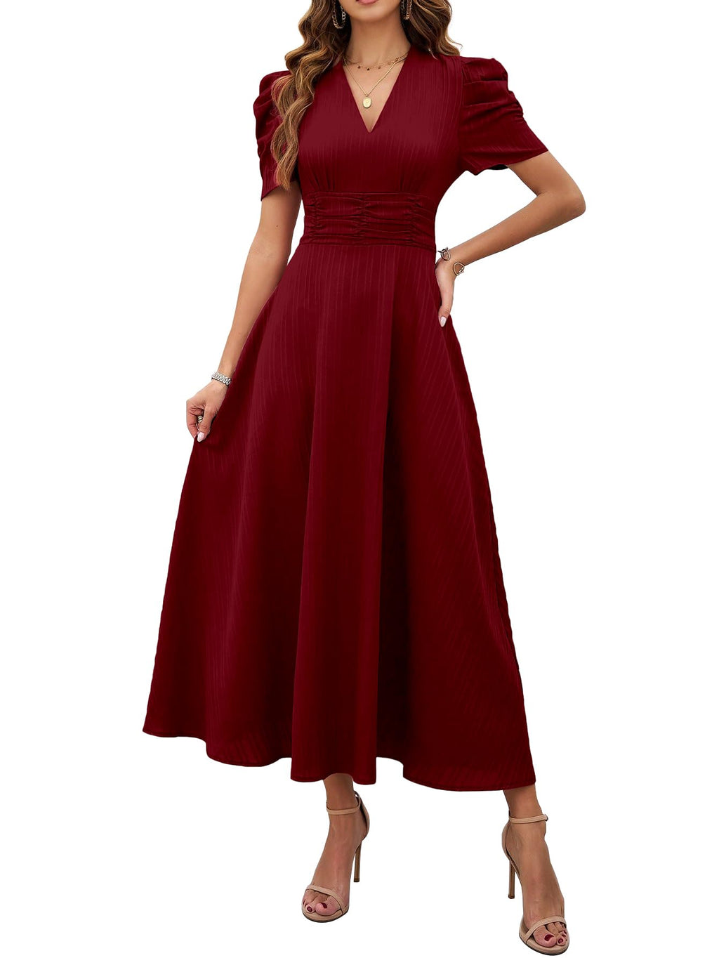 Shasmi Girl's & Women's Solid Color V-Neck A-Line Maxi Dress for Women | Waist Cinched Puff Sleeve Western | Elegant Casual Wear (Dress 246)