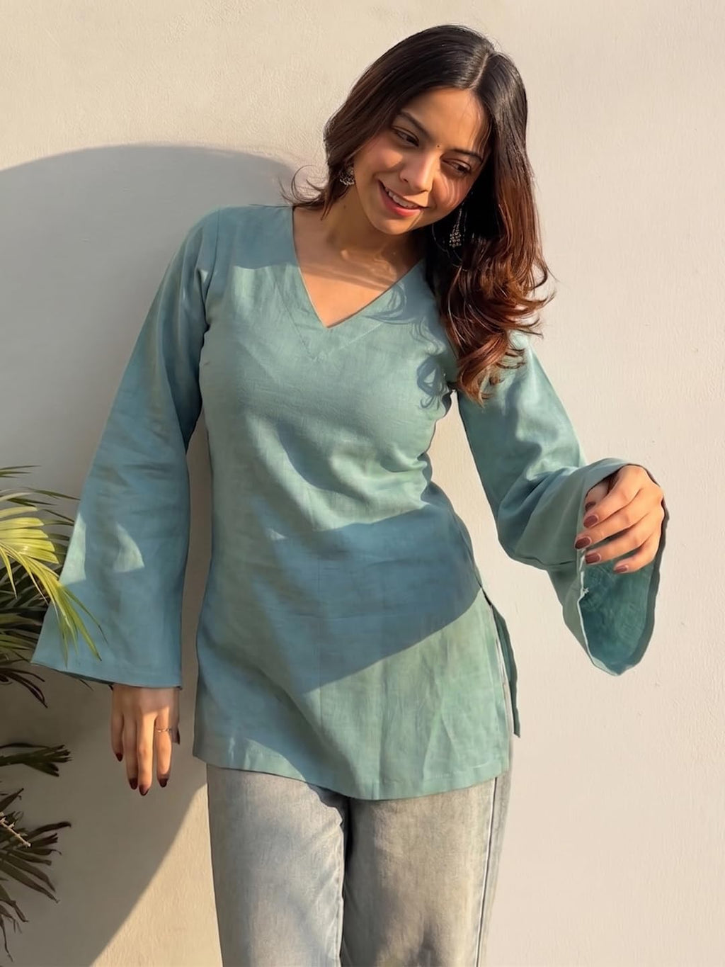 ANNI Designer Short Kurti for Women Latest Solid Design | V Neck Full Sleeve Kurti Tops for Women | Stylish Kurtis & Short Kurtis for Woman | Casual Kurti with Jeans | Kurtas for Woman