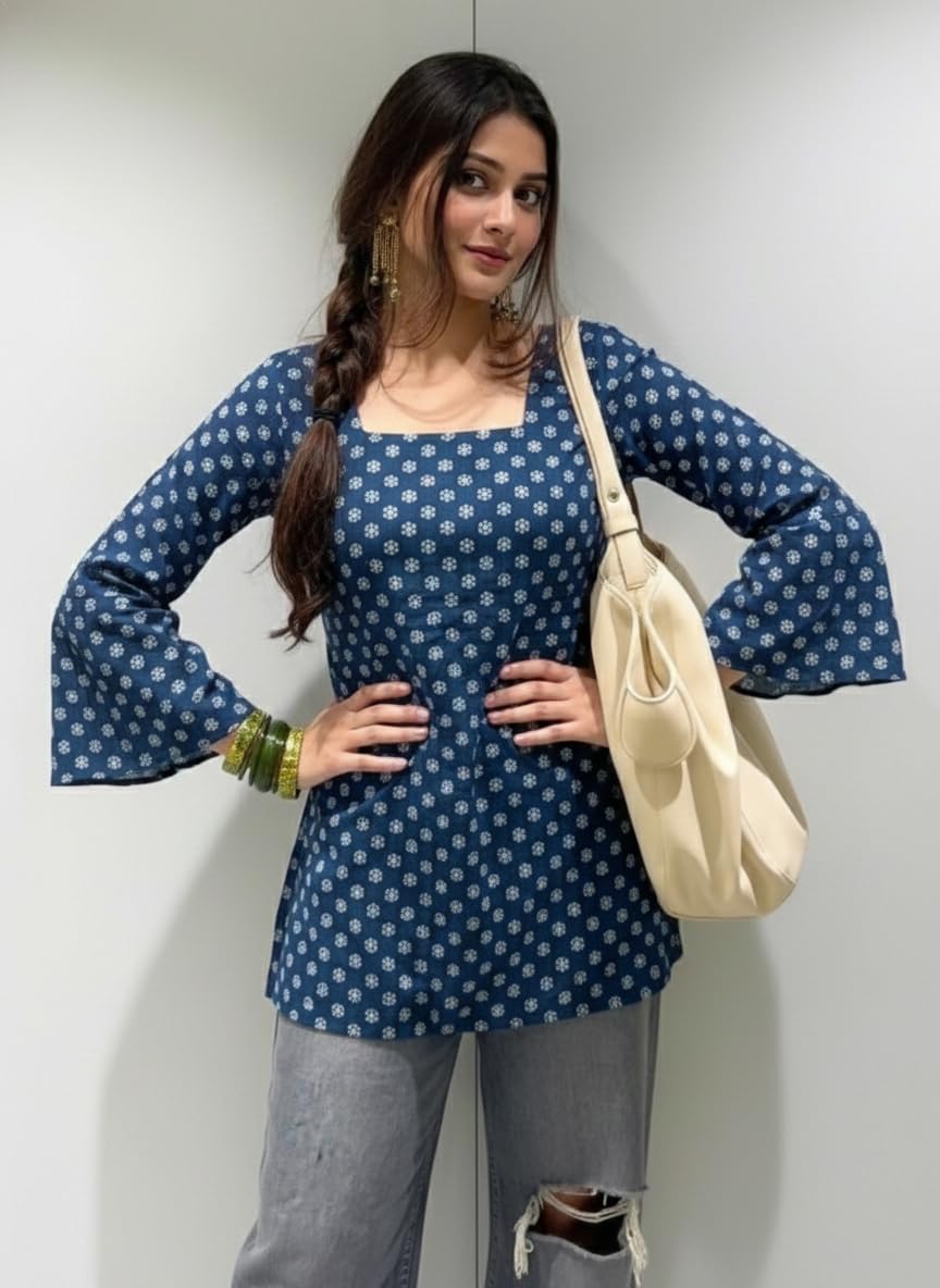 ANNI Designer Women’s Viscose Blend Printed Short Kurti | Straight Fit Casual Ethnic Top | Square Neck Full Sleeve Kurta Office College