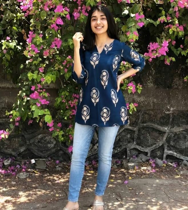 Women's Short Kurti in TOP Black Rayon Cotton Blend | Ladies Ethnic Tunic | Office