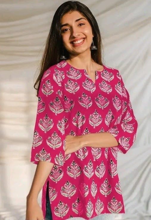 Women's Short Kurti in TOP Black Rayon Cotton Blend | Ladies Ethnic Tunic | Office