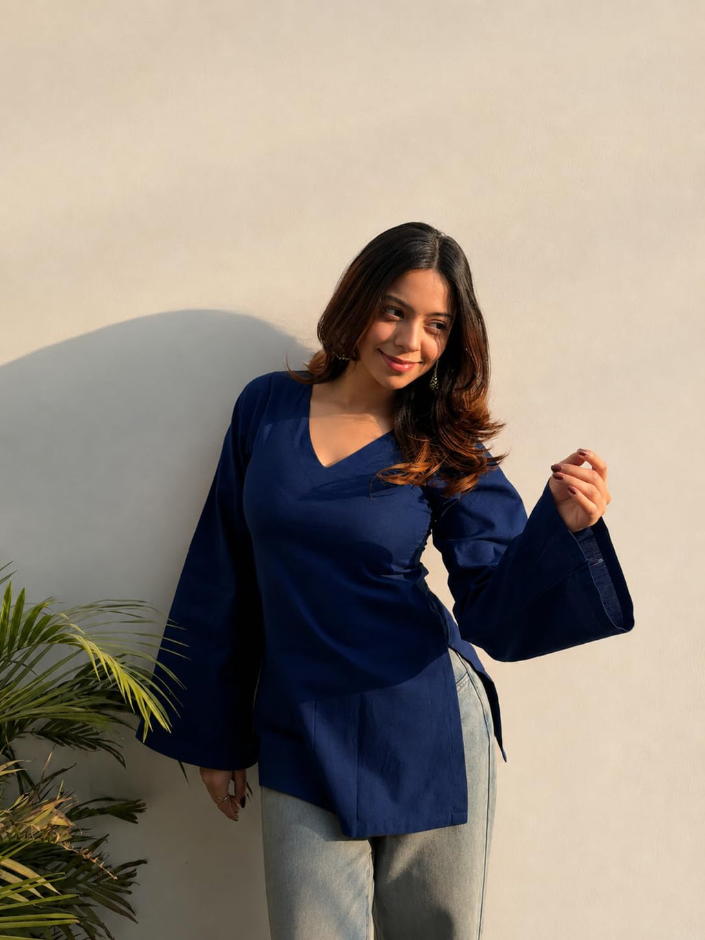 ANNI Designer Short Kurti for Women Latest Solid Design | V Neck Full Sleeve Kurti Tops for Women | Stylish Kurtis & Short Kurtis for Woman | Casual Kurti with Jeans | Kurtas for Woman