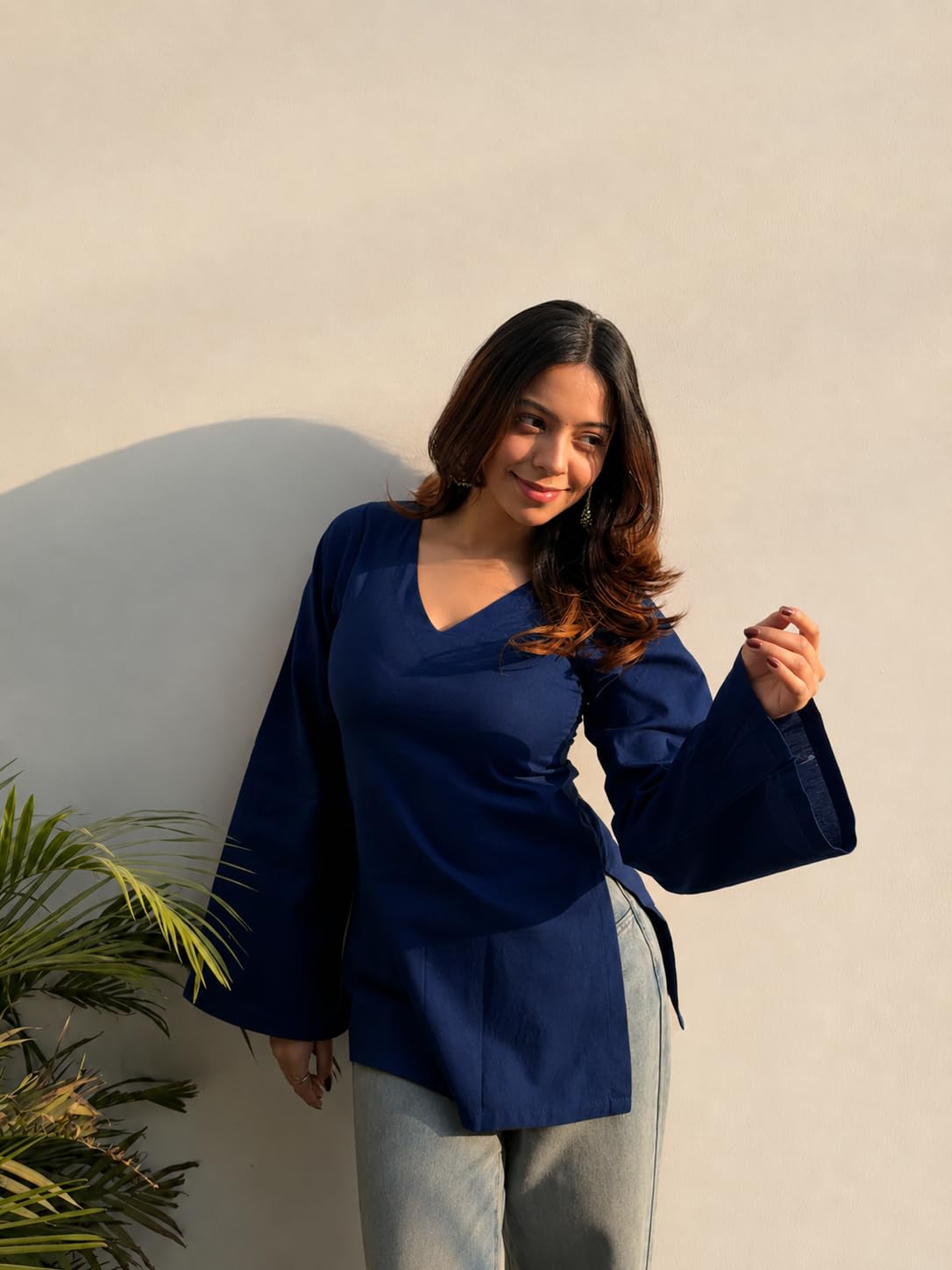 ANNI Designer Short Kurti for Women Latest Solid Design | V Neck Full Sleeve Kurti Tops for Women | Stylish Kurtis & Short Kurtis for Woman | Casual Kurti with Jeans | Kurtas for Woman