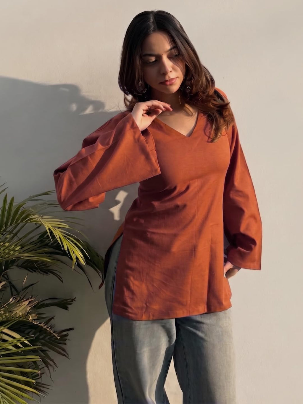 ANNI Designer Short Kurti for Women Latest Solid Design | V Neck Full Sleeve Kurti Tops for Women | Stylish Kurtis & Short Kurtis for Woman | Casual Kurti with Jeans | Kurtas for Woman