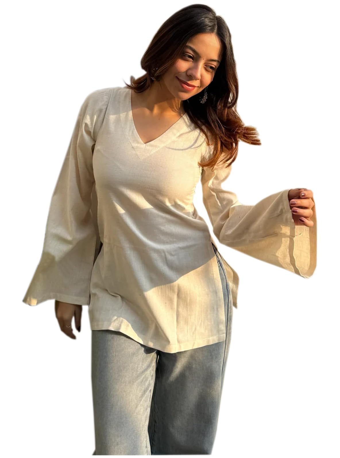 ANNI Designer Short Kurti for Women Latest Solid Design | V Neck Full Sleeve Kurti Tops for Women | Stylish Kurtis & Short Kurtis for Woman | Casual Kurti with Jeans | Kurtas for Woman