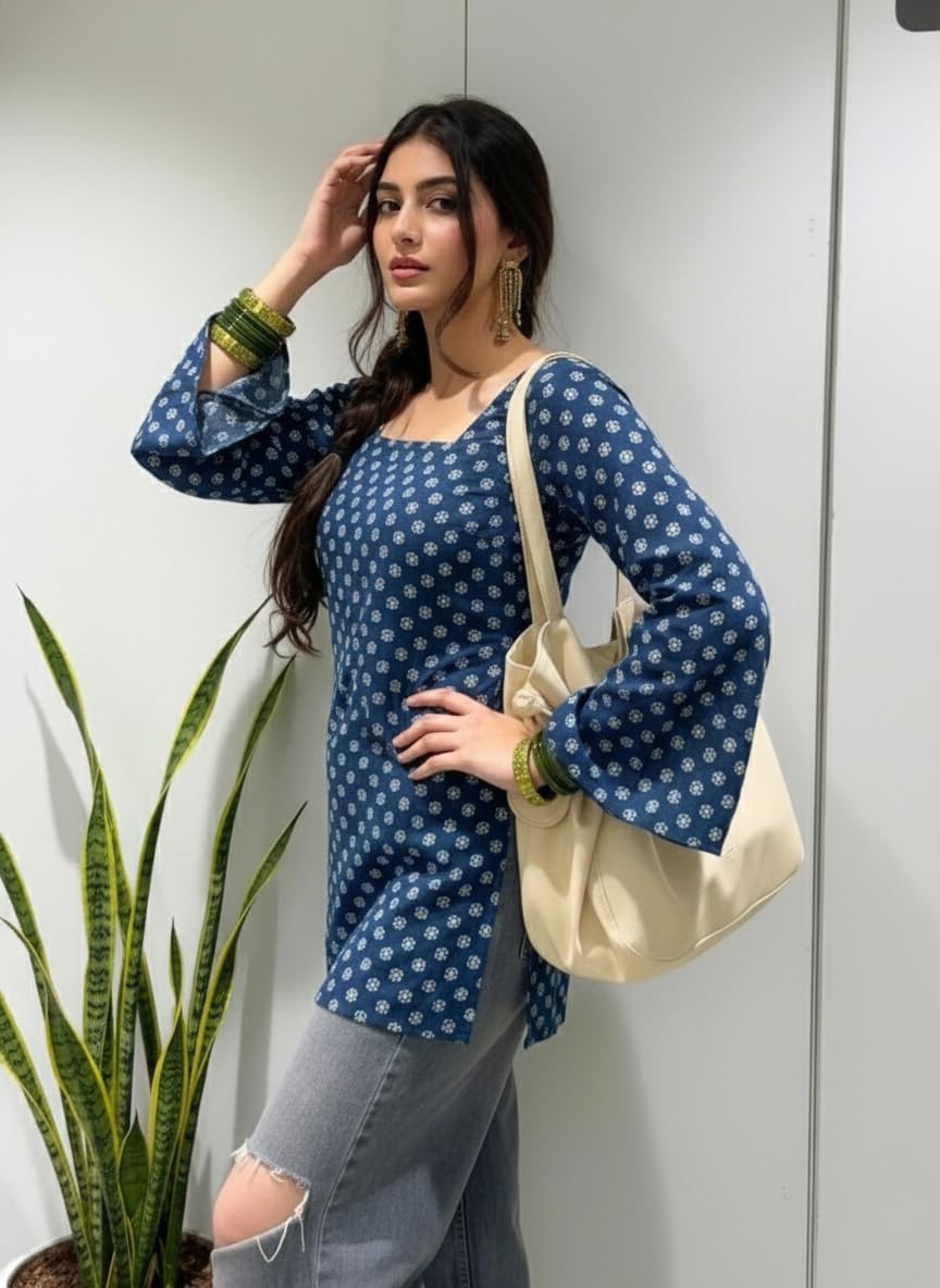 ANNI Designer Women’s Viscose Blend Printed Short Kurti | Straight Fit Casual Ethnic Top | Square Neck Full Sleeve Kurta Office College