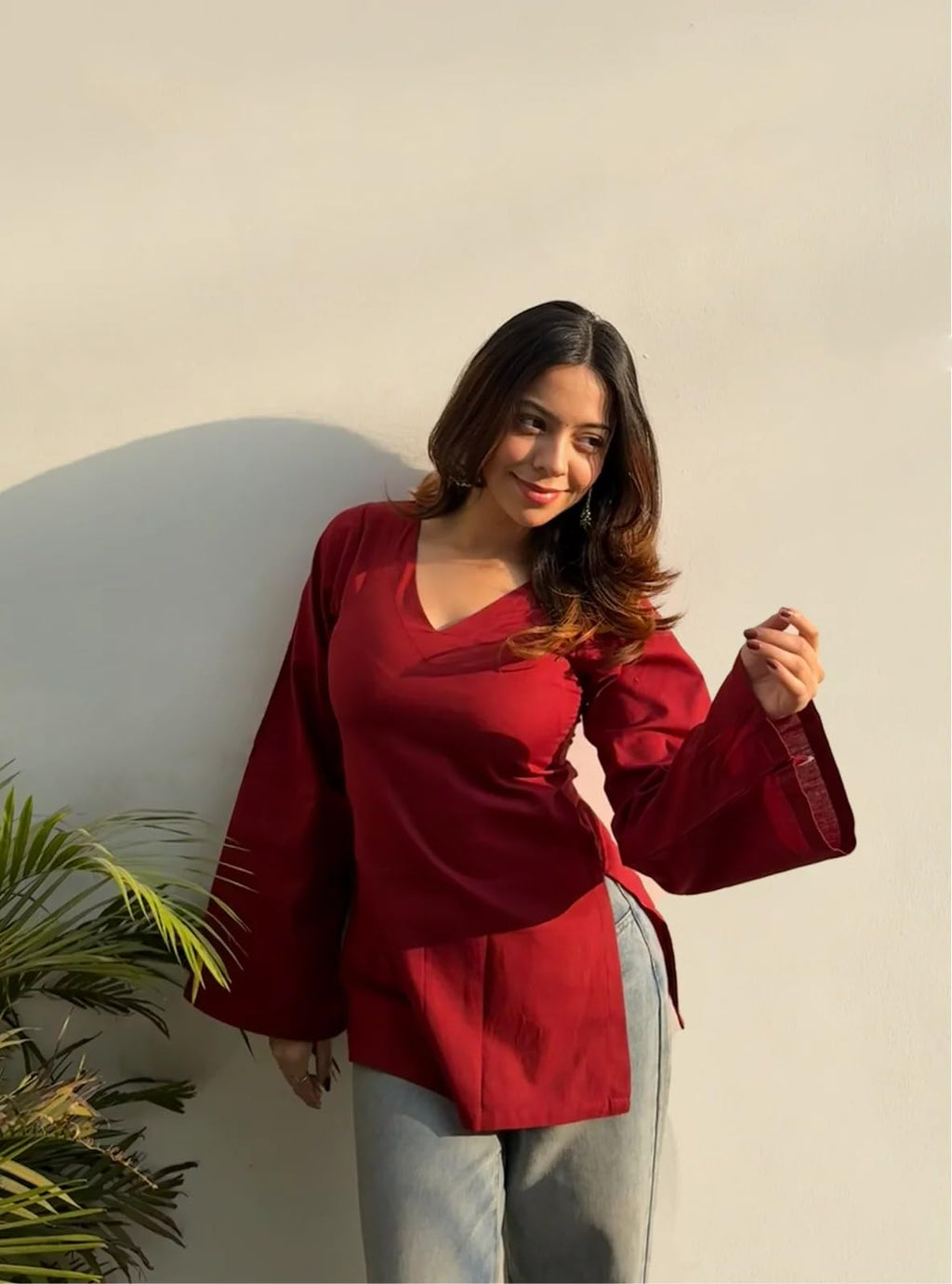 ANNI Designer Short Kurti for Women Latest Solid Design | V Neck Full Sleeve Kurti Tops for Women | Stylish Kurtis & Short Kurtis for Woman | Casual Kurti with Jeans | Kurtas for Woman