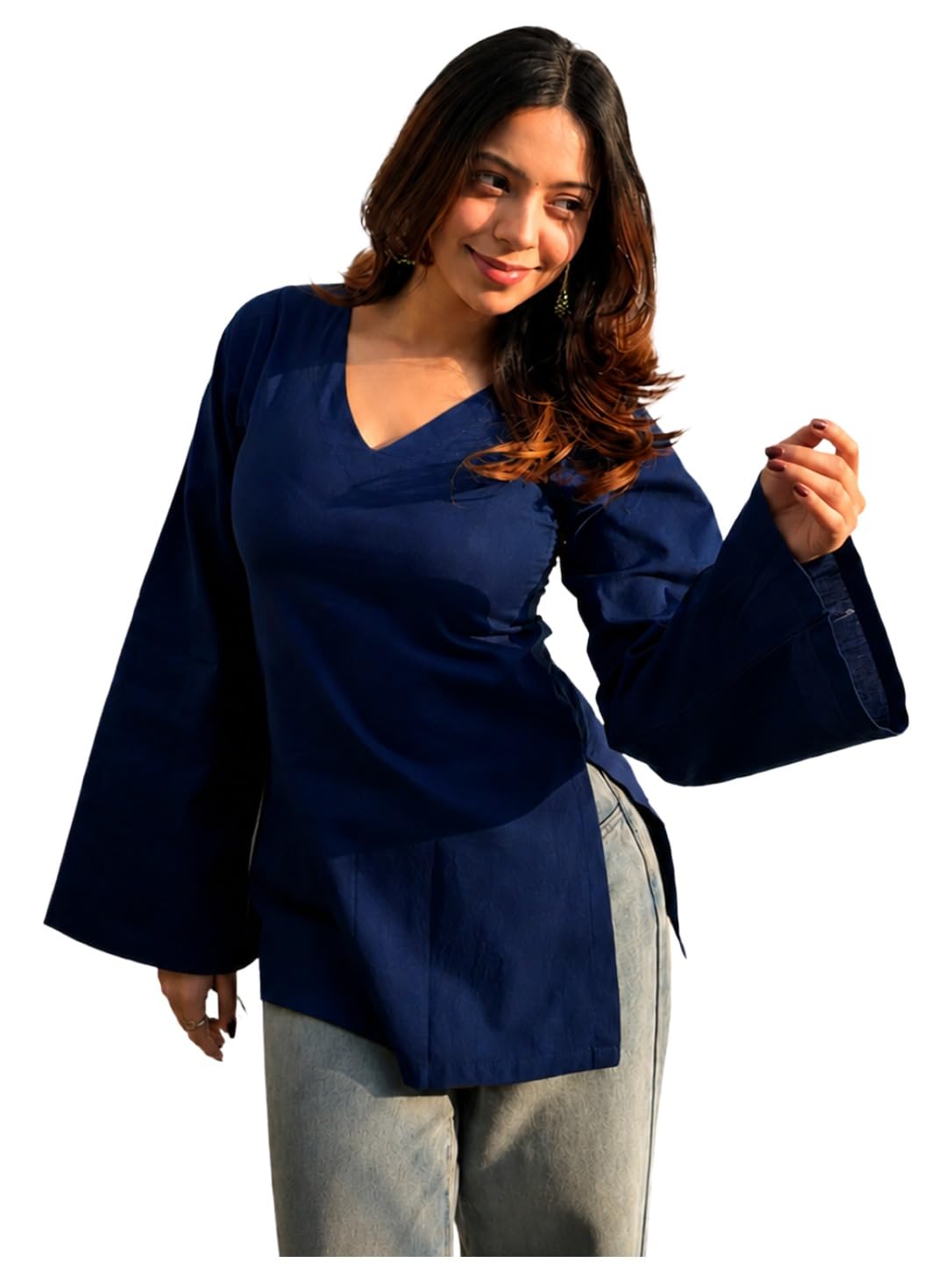 ANNI Designer Short Kurti for Women Latest Solid Design | V Neck Full Sleeve Kurti Tops for Women | Stylish Kurtis & Short Kurtis for Woman | Casual Kurti with Jeans | Kurtas for Woman