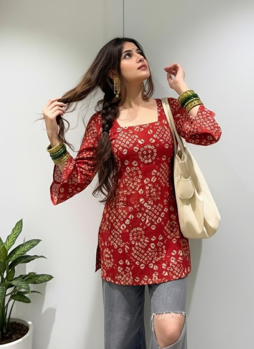 ANNI Designer Women’s Viscose Blend Printed Short Kurti | Straight Fit Casual Ethnic Top | Square Neck Full Sleeve Kurta Office College