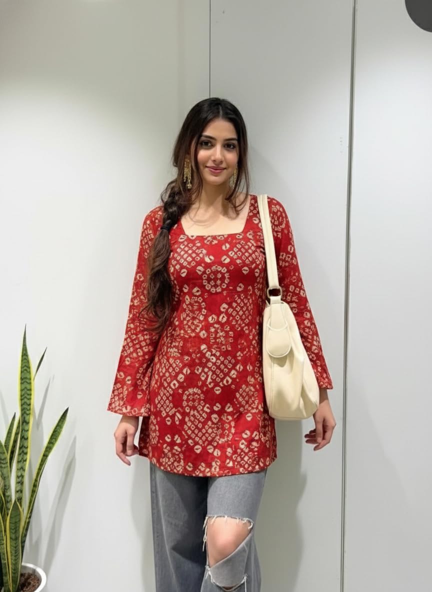 ANNI Designer Women’s Viscose Blend Printed Short Kurti | Straight Fit Casual Ethnic Top | Square Neck Full Sleeve Kurta Office College